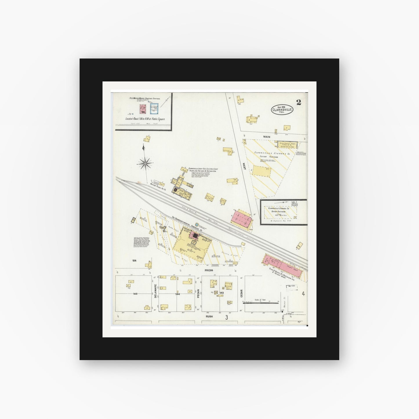 Old map wall art mockup — black gallery frame with white mat — Sanborn Fire Insurance Map from Clarksville, Red River County, Texas (1906), Sheet #0002
