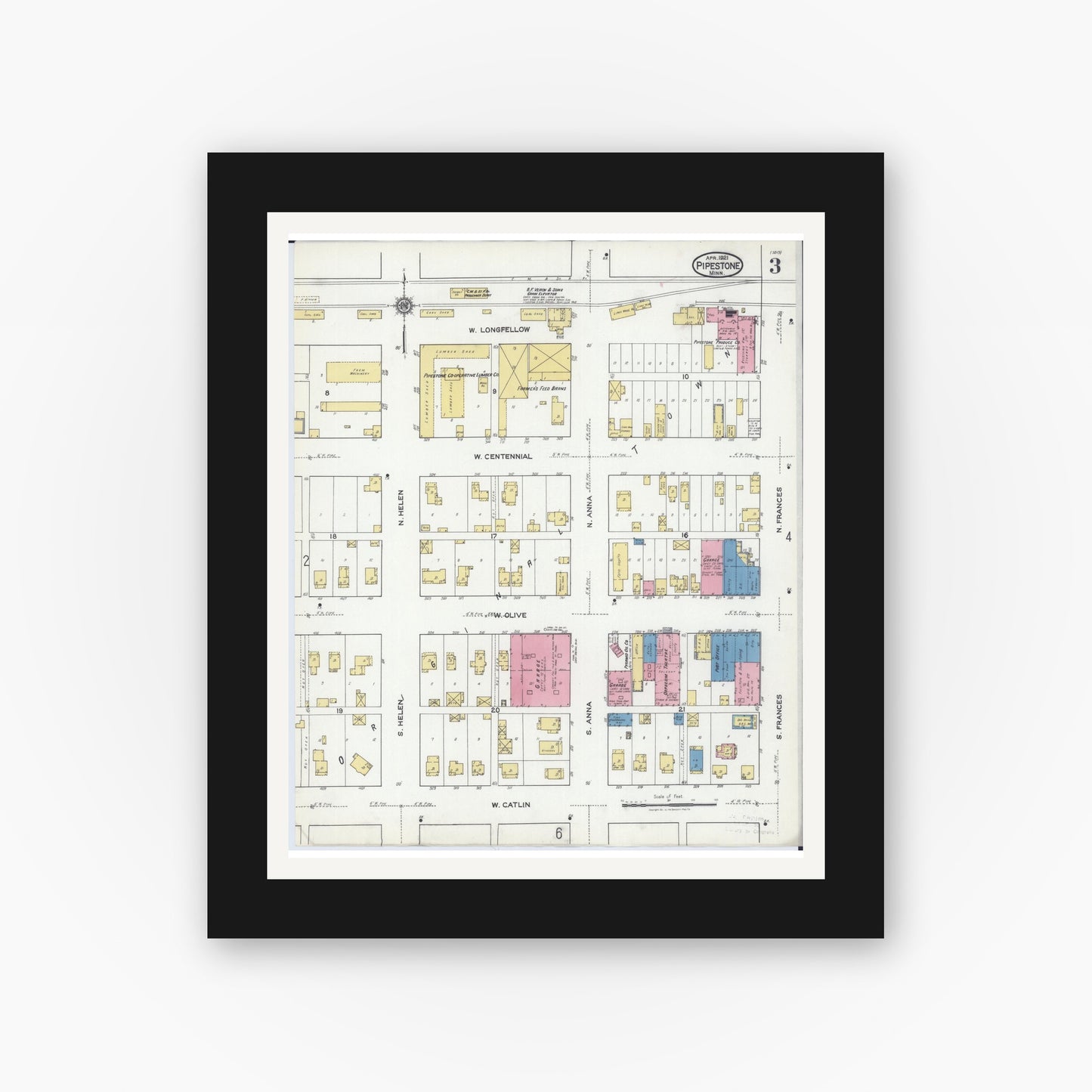 Old map wall art mockup — black gallery frame with white mat — Sanborn Fire Insurance Map from Pipestone, Pipestone County, Minnesota (1921), Sheet #0003