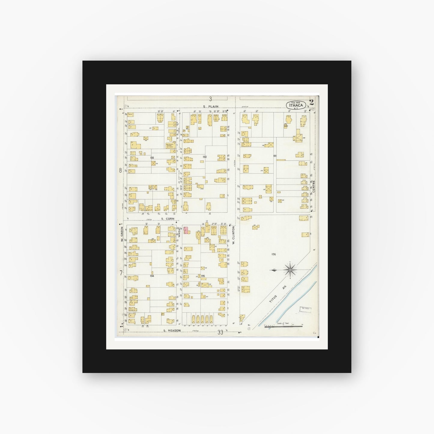 Old map wall art mockup — black gallery frame with white mat — Sanborn Fire Insurance Map from Ithaca, Tompkins County, New York (1904) - Complete Map Set