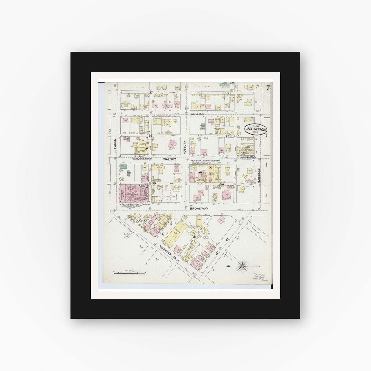 Old map wall art mockup — black gallery frame with white mat — Sanborn Fire Insurance Map from East Liverpool, Columbiana County, Ohio (1887), Sheet #0007