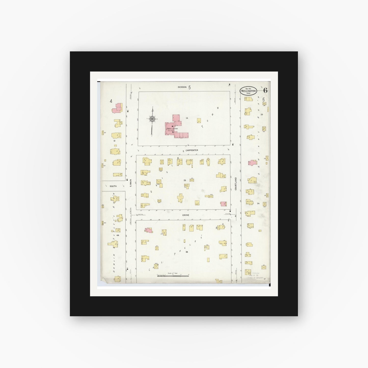 Old map wall art mockup — black gallery frame with white mat — Sanborn Fire Insurance Map from Wellington, Lorain County, Ohio (1911), Sheet #0006