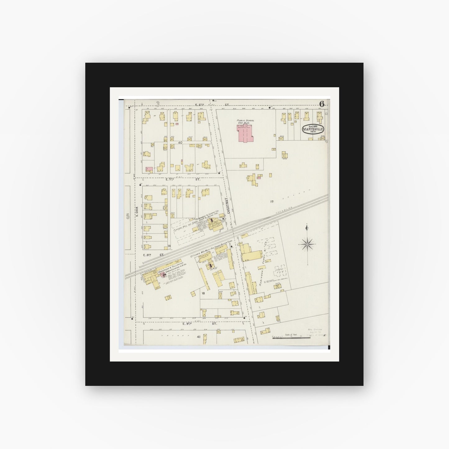 Old map wall art mockup — black gallery frame with white mat — Sanborn Fire Insurance Map from Marysville, Union County, Ohio (1895), Sheet #0006