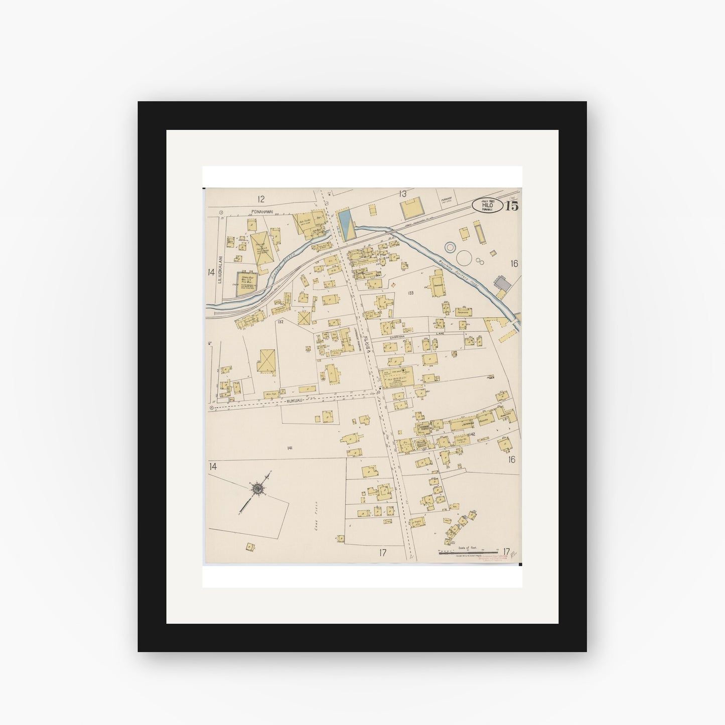 Old map wall art mockup — black gallery frame with white mat — Sanborn Fire Insurance Map from Hilo, Hawaii County, Hawaii (1921), Sheet #0015