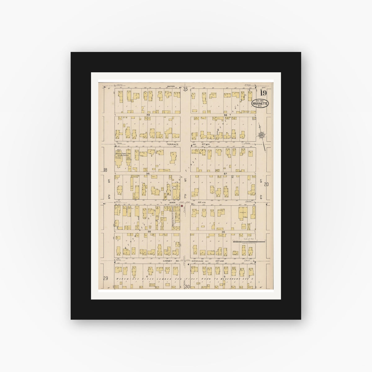 Old map wall art mockup — black gallery frame with white mat — Sanborn Fire Insurance Map from Marinette, Marinette County, Wisconsin (1921), Sheet #0019