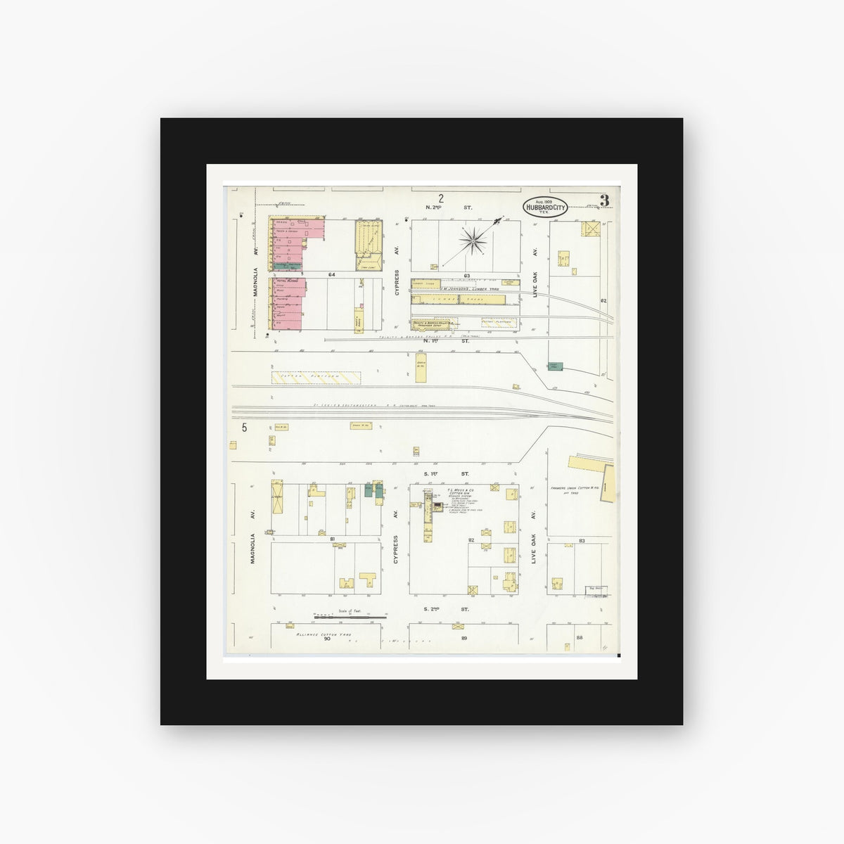 Old map wall art mockup — black gallery frame with white mat — Sanborn Fire Insurance Map from Hubbard, Hill County, Texas (1909), Sheet #0003