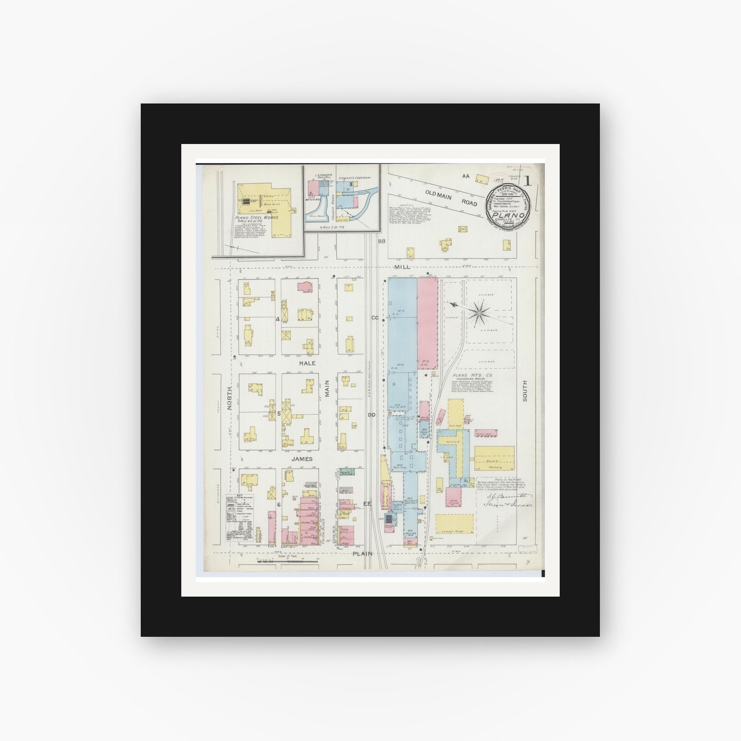 Old map wall art mockup — black gallery frame with white mat — Sanborn Fire Insurance Map from Plano, Kendall County, Illinois (1893) - Complete Map Set