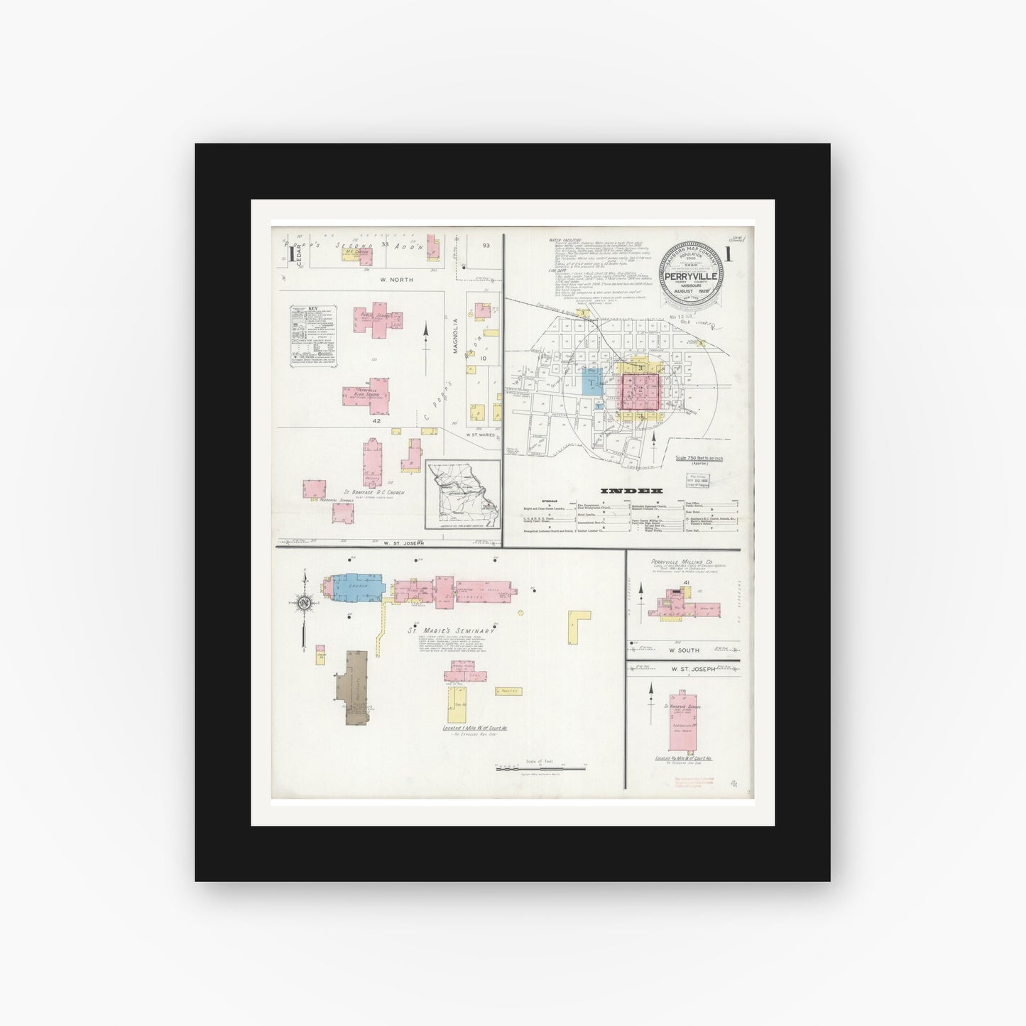 Old map wall art mockup — black gallery frame with white mat — Sanborn Fire Insurance Map from Perryville, Perry County, Missouri (1928) - Complete Map Set