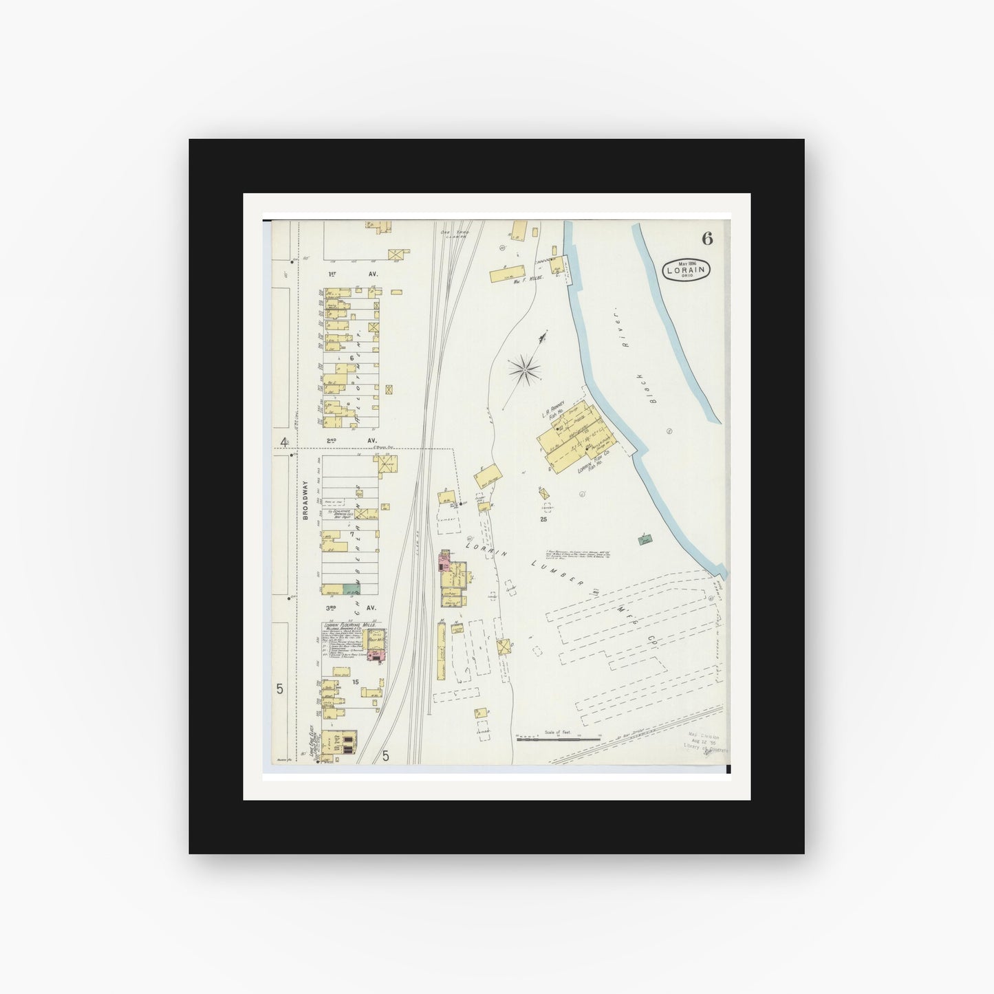 Old map wall art mockup — black gallery frame with white mat — Sanborn Fire Insurance Map from Lorain, Lorain County, Ohio (1896), Sheet #0006