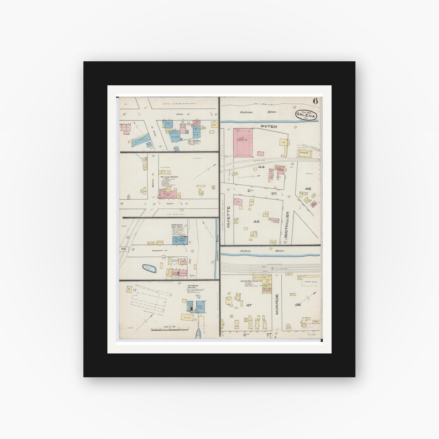Old map wall art mockup — black gallery frame with white mat — Sanborn Fire Insurance Map from Galena, Jo Daviess County, Illinois (1885), Sheet #0006