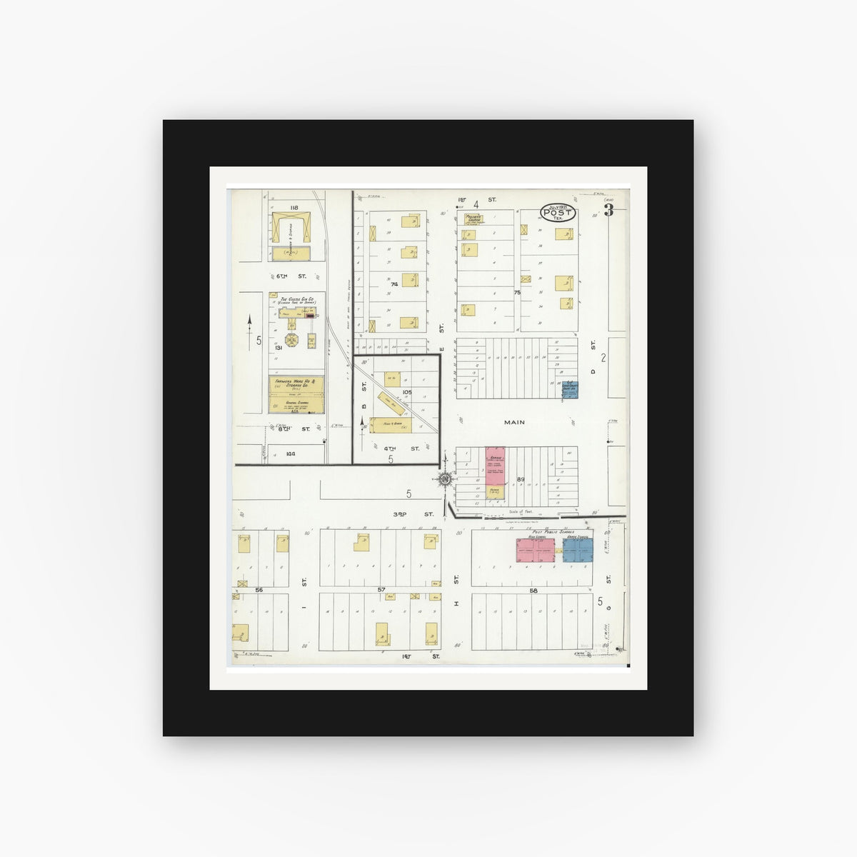 Old map wall art mockup — black gallery frame with white mat — Sanborn Fire Insurance Map from Post, Garza County, Texas (1921), Sheet #0003