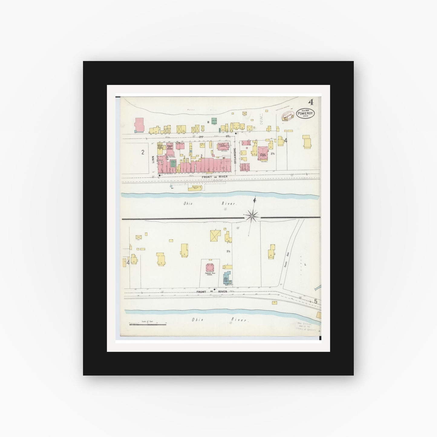 Old map wall art mockup — black gallery frame with white mat — Sanborn Fire Insurance Map from Pomeroy, Meigs County, Ohio (1899), Sheet #0004