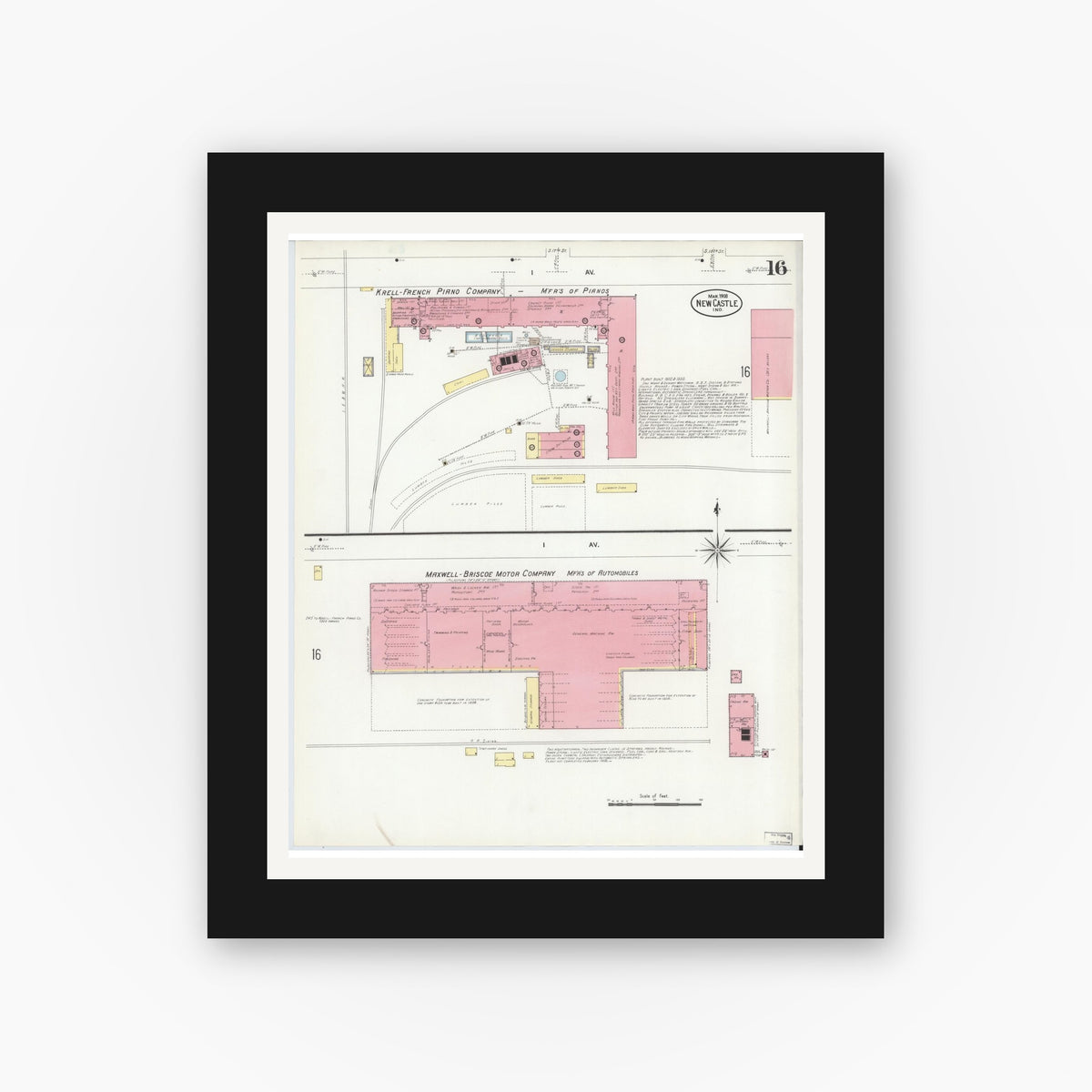 Old map wall art mockup — black gallery frame with white mat — Sanborn Fire Insurance Map from New Castle, Henry County, Indiana (1908), Sheet #0016
