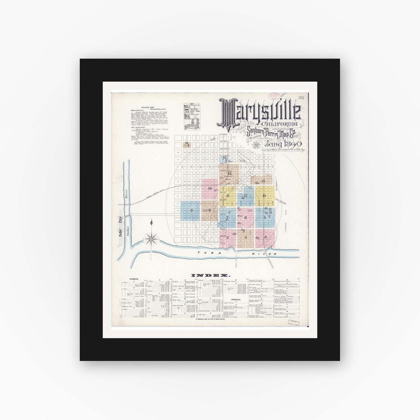 Old map wall art mockup — black gallery frame with white mat — Sanborn Fire Insurance Map from Marysville, Yuba County, California (1890), Sheet #0001