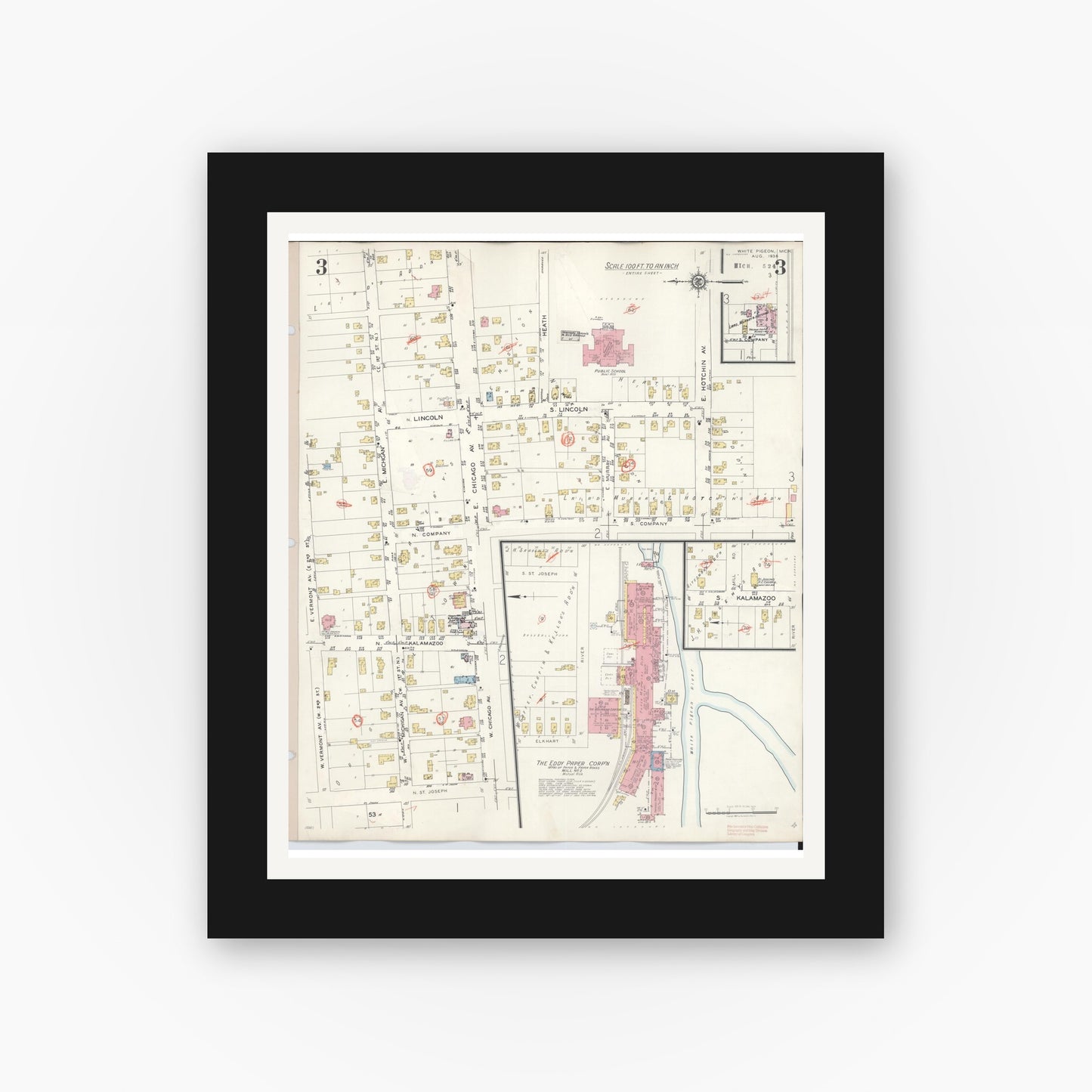 Old map wall art mockup — black gallery frame with white mat — Sanborn Fire Insurance Map from White Pigeon, Saint Joseph County, Michigan (1954), Sheet #0003