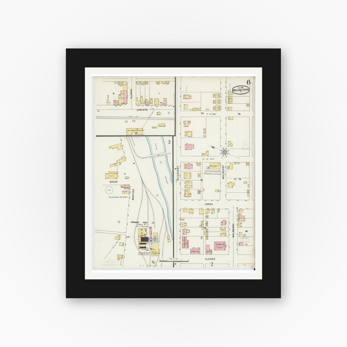 Old map wall art mockup — black gallery frame with white mat — Sanborn Fire Insurance Map from Hollidaysburg, Blair County, Pennsylvania (1896), Sheet #0006