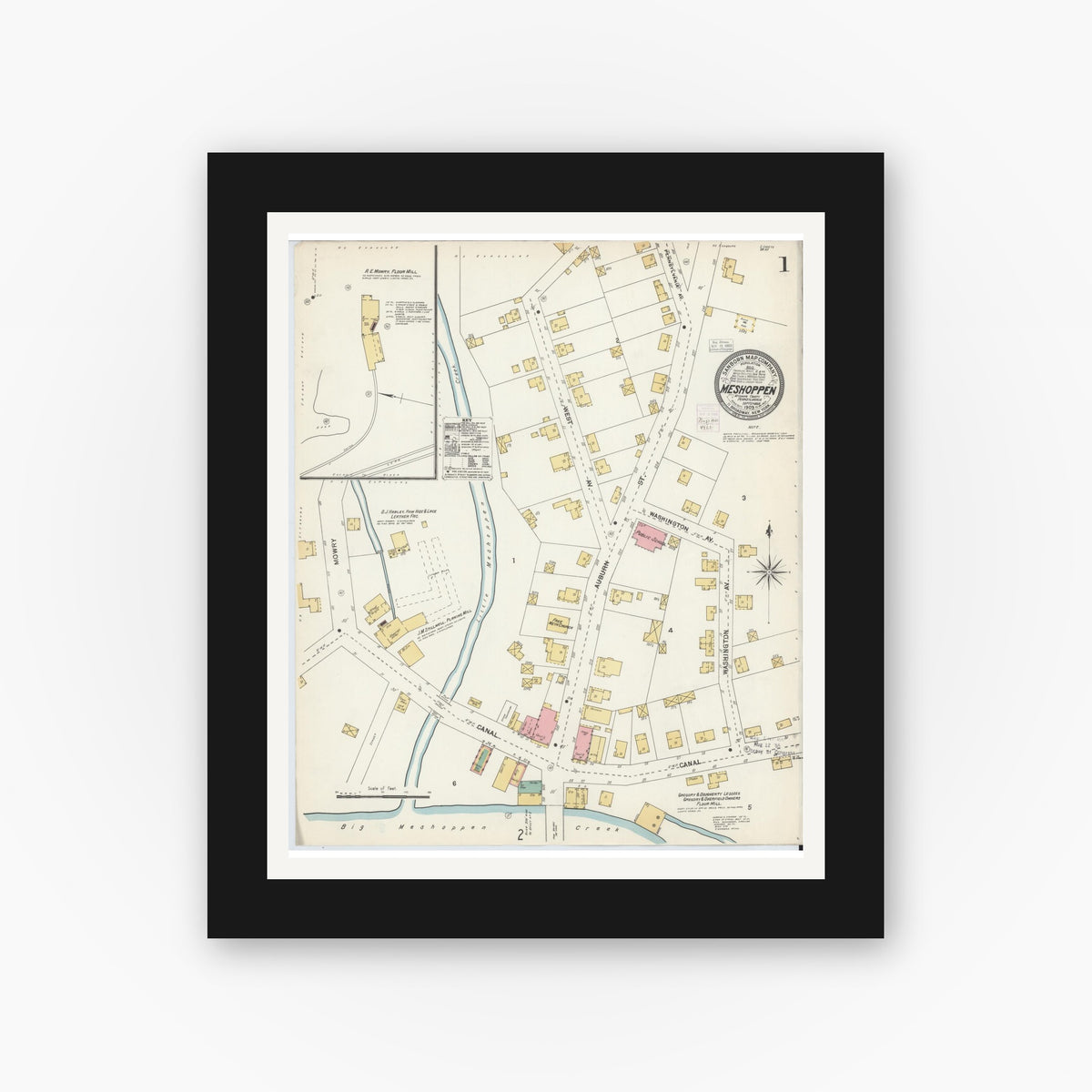 Old map wall art mockup — black gallery frame with white mat — Sanborn Fire Insurance Map from Meshoppen, Wyoming County, Pennsylvania (1903) - Complete Map Set