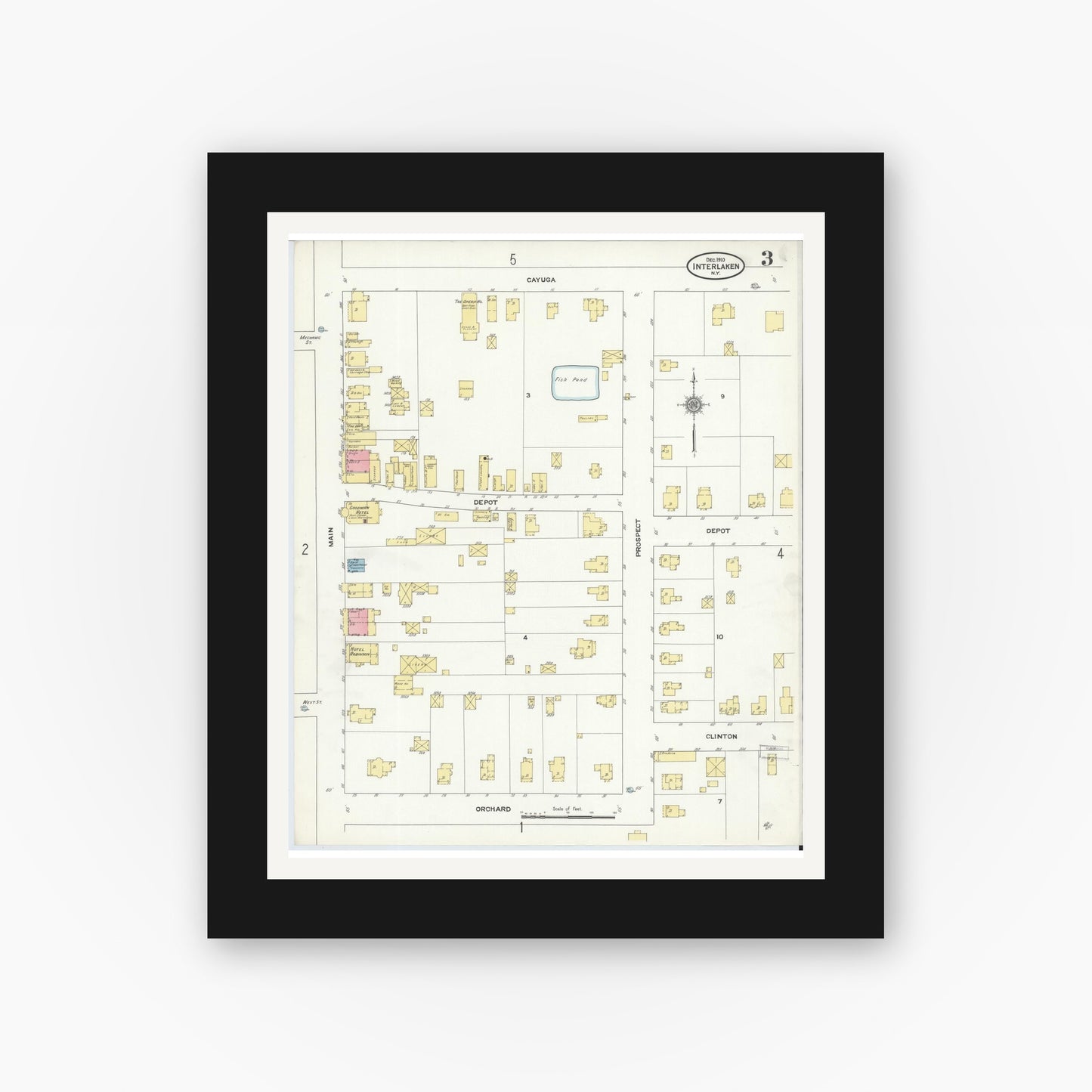 Old map wall art mockup — black gallery frame with white mat — Sanborn Fire Insurance Map from Interlaken, Seneca County, New York (1910), Sheet #0003