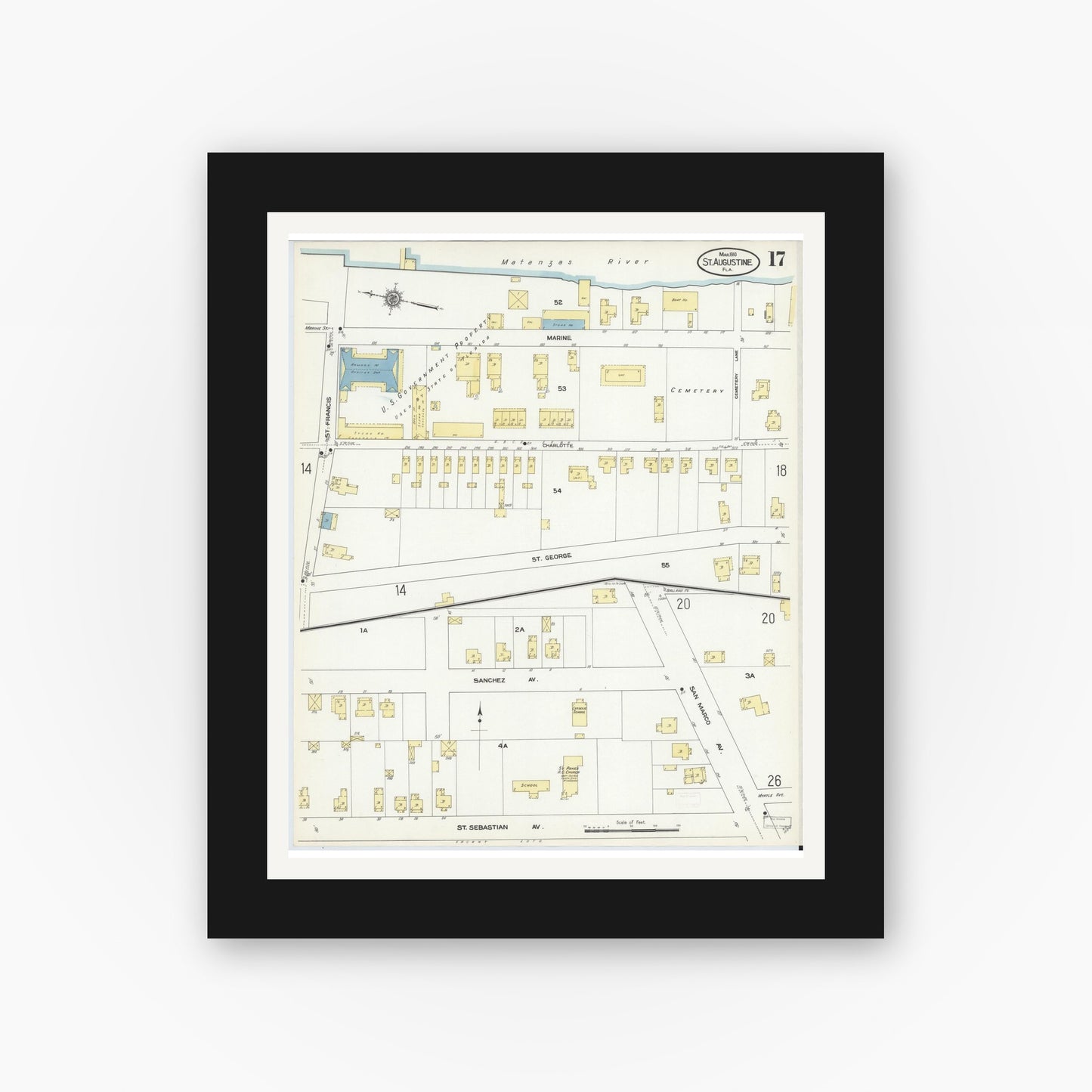 Old map wall art mockup — black gallery frame with white mat — Sanborn Fire Insurance Map from Saint Augustine, Saint John's County, Florida (1910), Sheet #0017