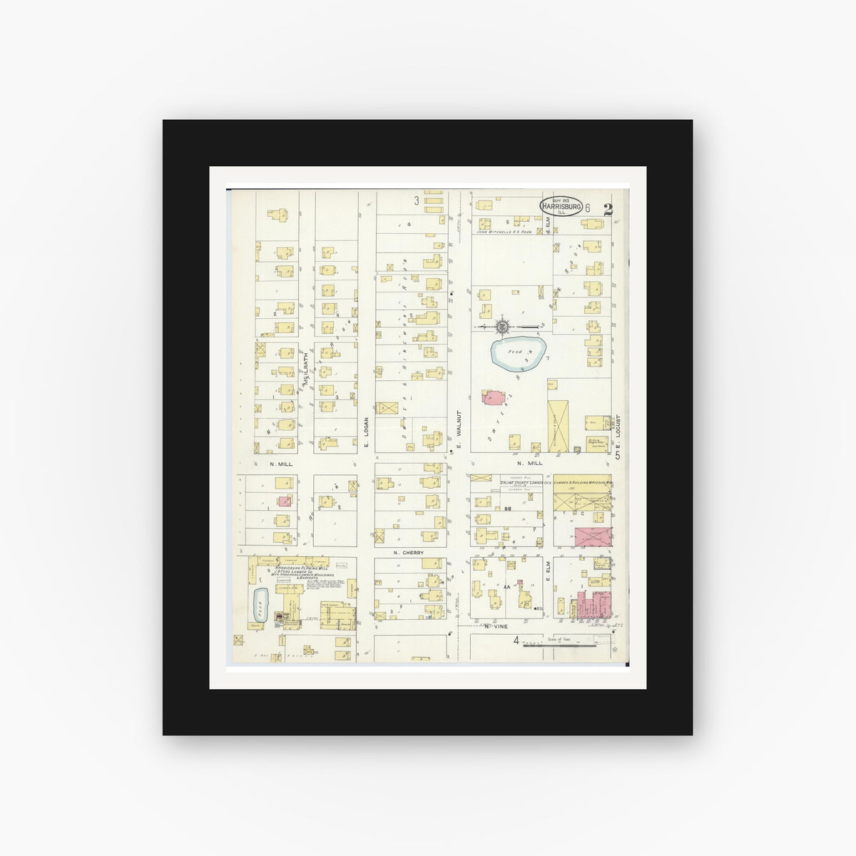 Old map wall art mockup — black gallery frame with white mat — Sanborn Fire Insurance Map from Harrisburg, Saline County, Illinois (1913), Sheet #0002