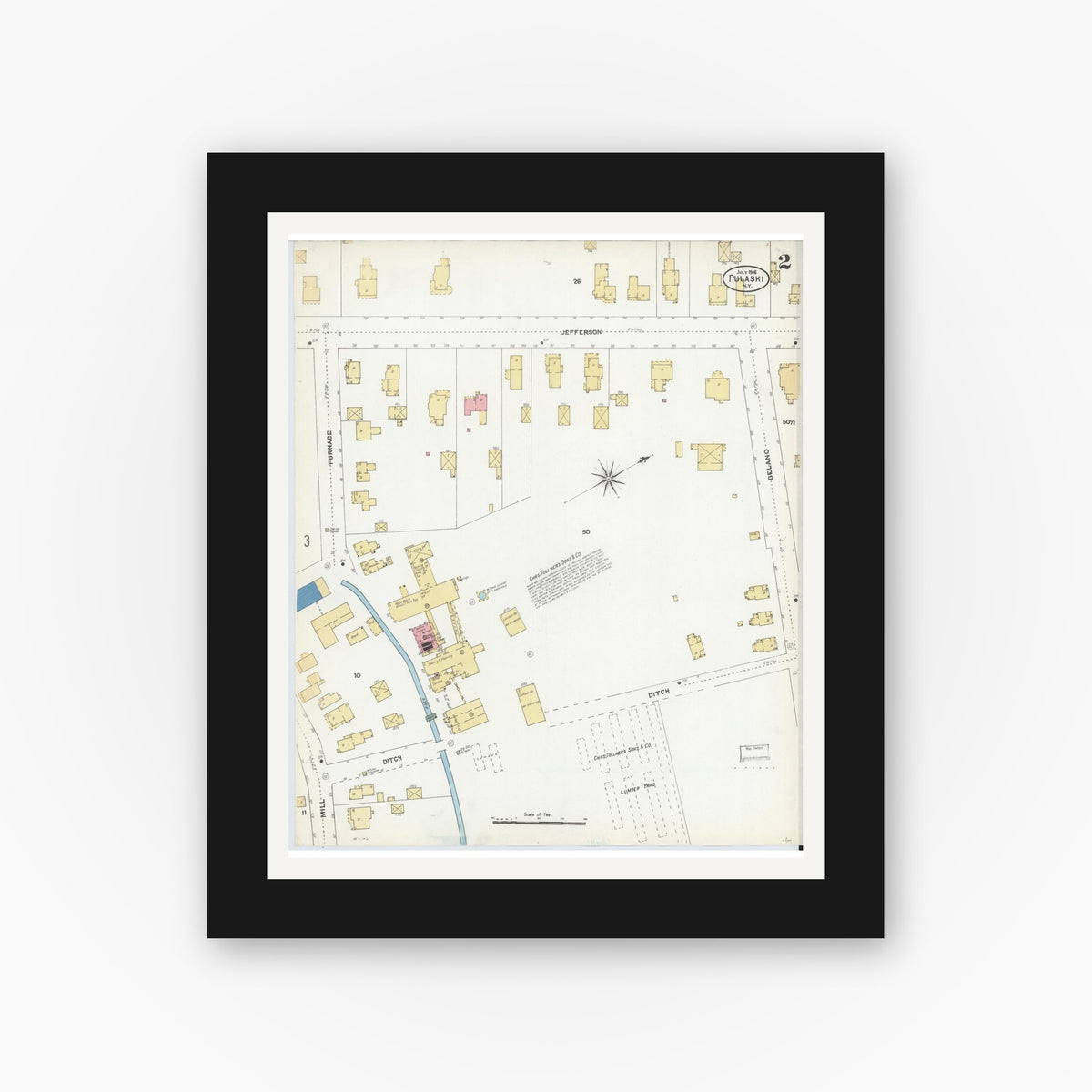 Old map wall art mockup — black gallery frame with white mat — Sanborn Fire Insurance Map from Pulaski, Oswego County, New York (1906), Sheet #0002