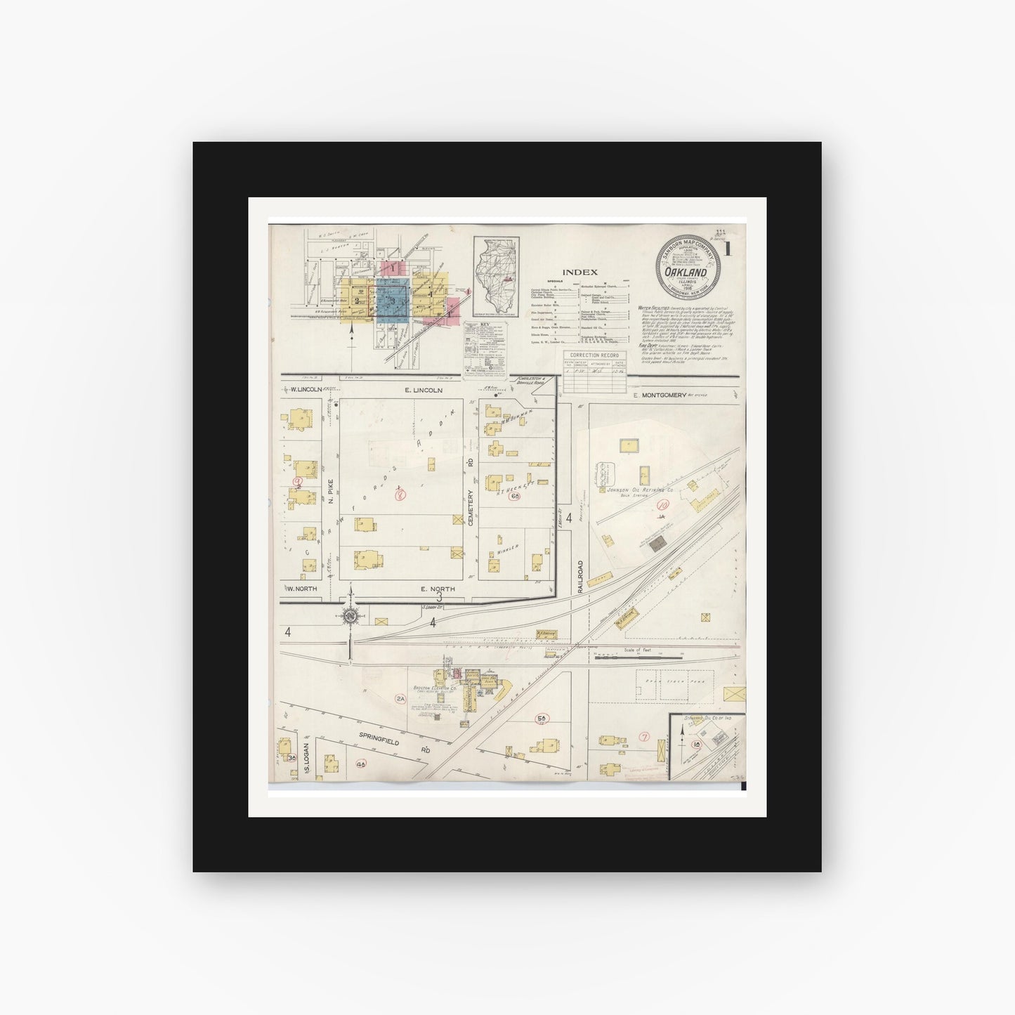 Old map wall art mockup — black gallery frame with white mat — Sanborn Fire Insurance Map from Oakland, Coles County, Illinois (1932) - Complete Map Set