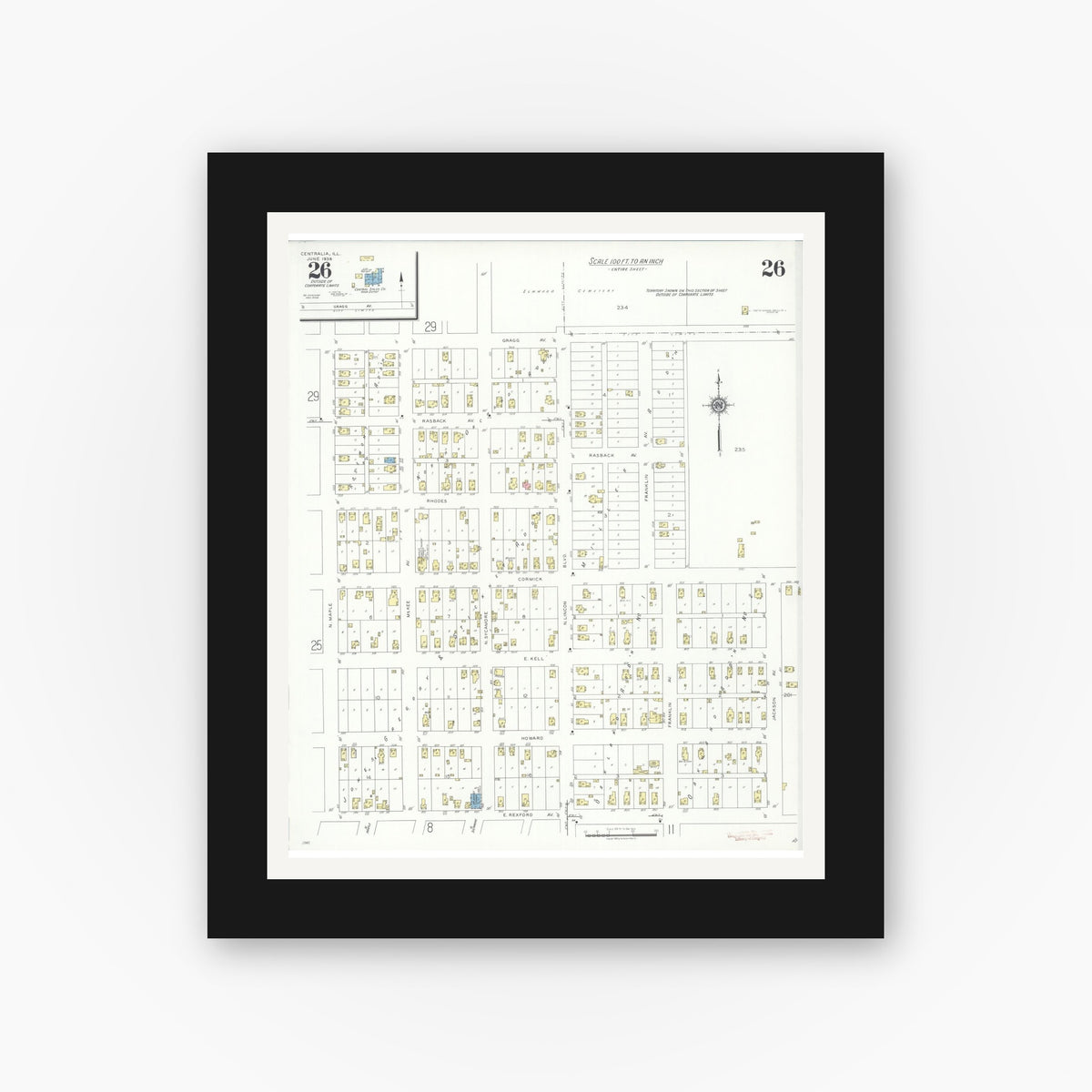 Old map wall art mockup — black gallery frame with white mat — Sanborn Fire Insurance Map from Centralia, Marion, Clinton, Jefferson, and Washington Counties, Illinois (1938), Sheet #0026
