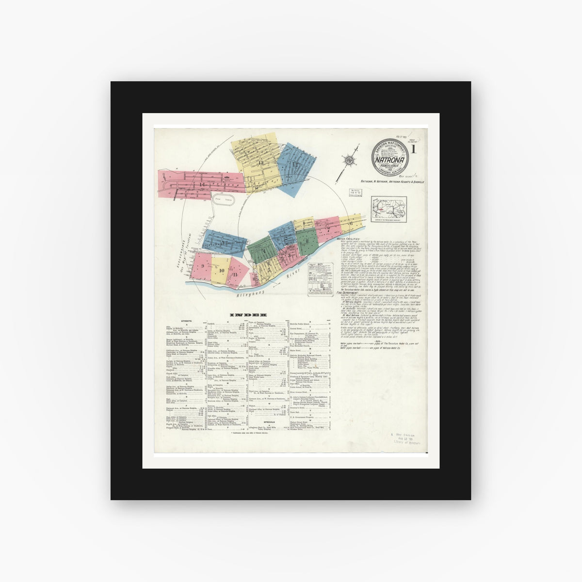 Old map wall art mockup — black gallery frame with white mat — Sanborn Fire Insurance Map from Natrona, Allegheny County, Pennsylvania (1921) - Complete Map Set