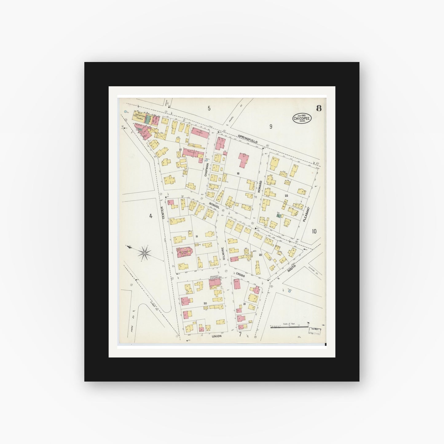 Old map wall art mockup — black gallery frame with white mat — Sanborn Fire Insurance Map from Chicopee, Hampden County, Massachusetts (1902), Sheet #0008