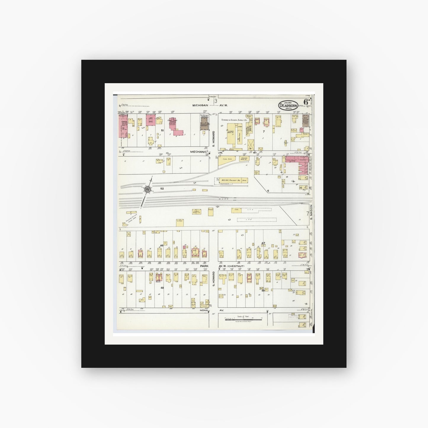 Old map wall art mockup — black gallery frame with white mat — Sanborn Fire Insurance Map from Dearborn, Wayne County, Michigan (1921), Sheet #0006