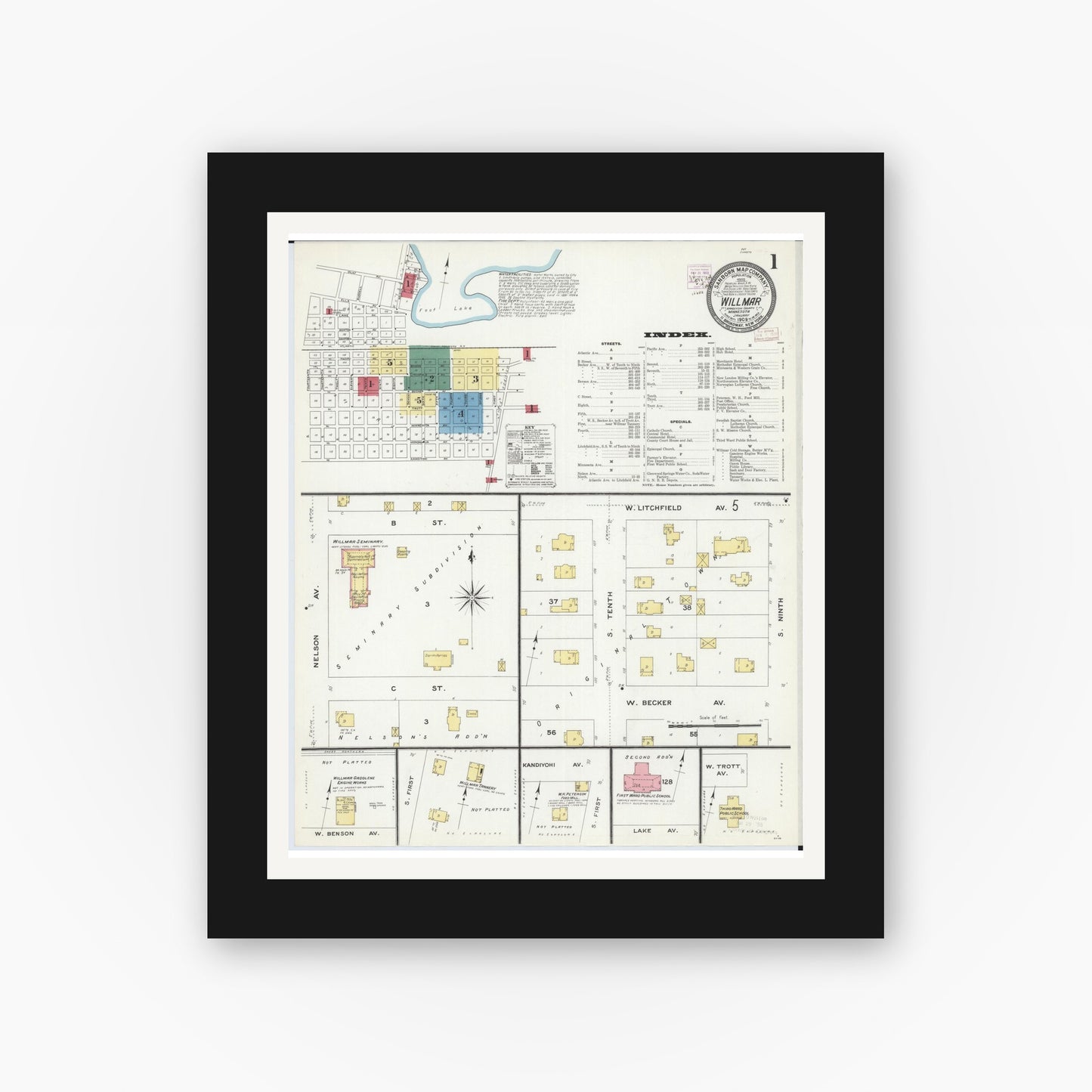 Old map wall art mockup — black gallery frame with white mat — Sanborn Fire Insurance Map from Willmar, Kandiyohi County, Minnesota (1909) - Complete Map Set