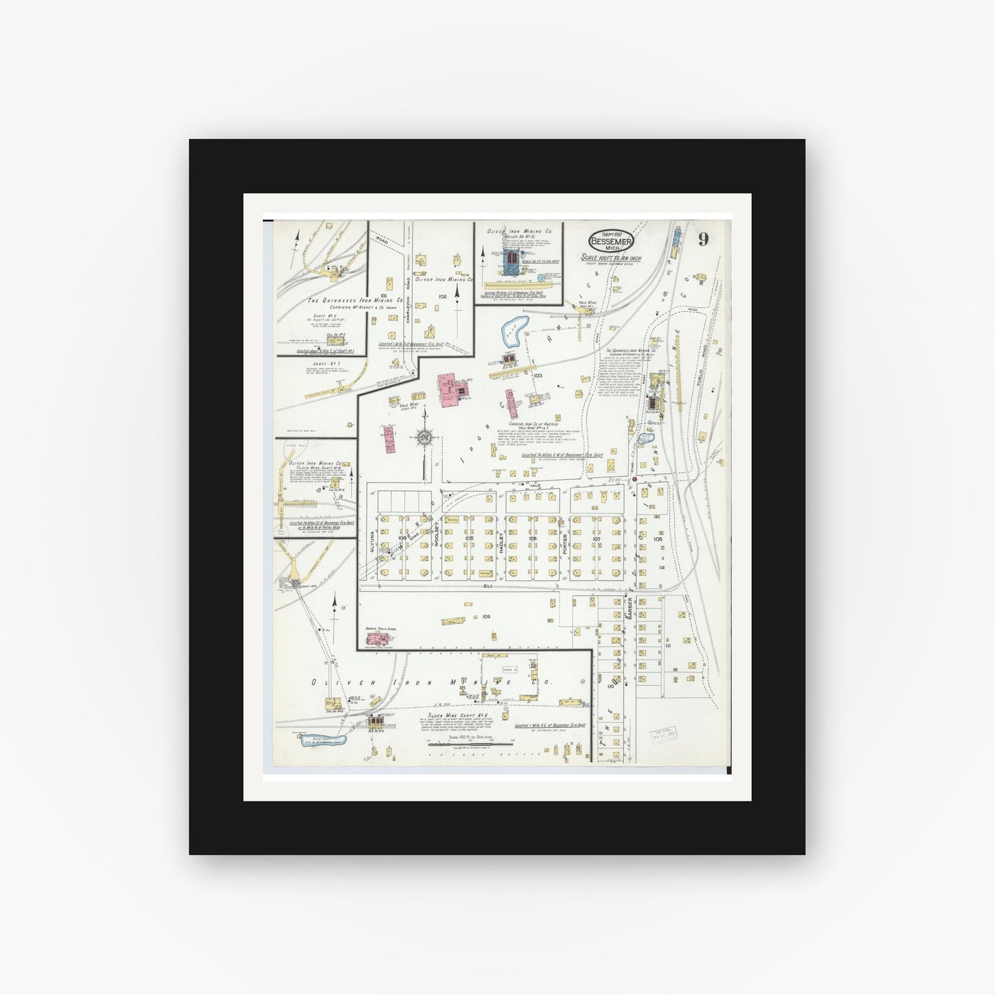 Old map wall art mockup — black gallery frame with white mat — Sanborn Fire Insurance Map from Bessemer, Gogebic County, Michigan (1917), Sheet #0009