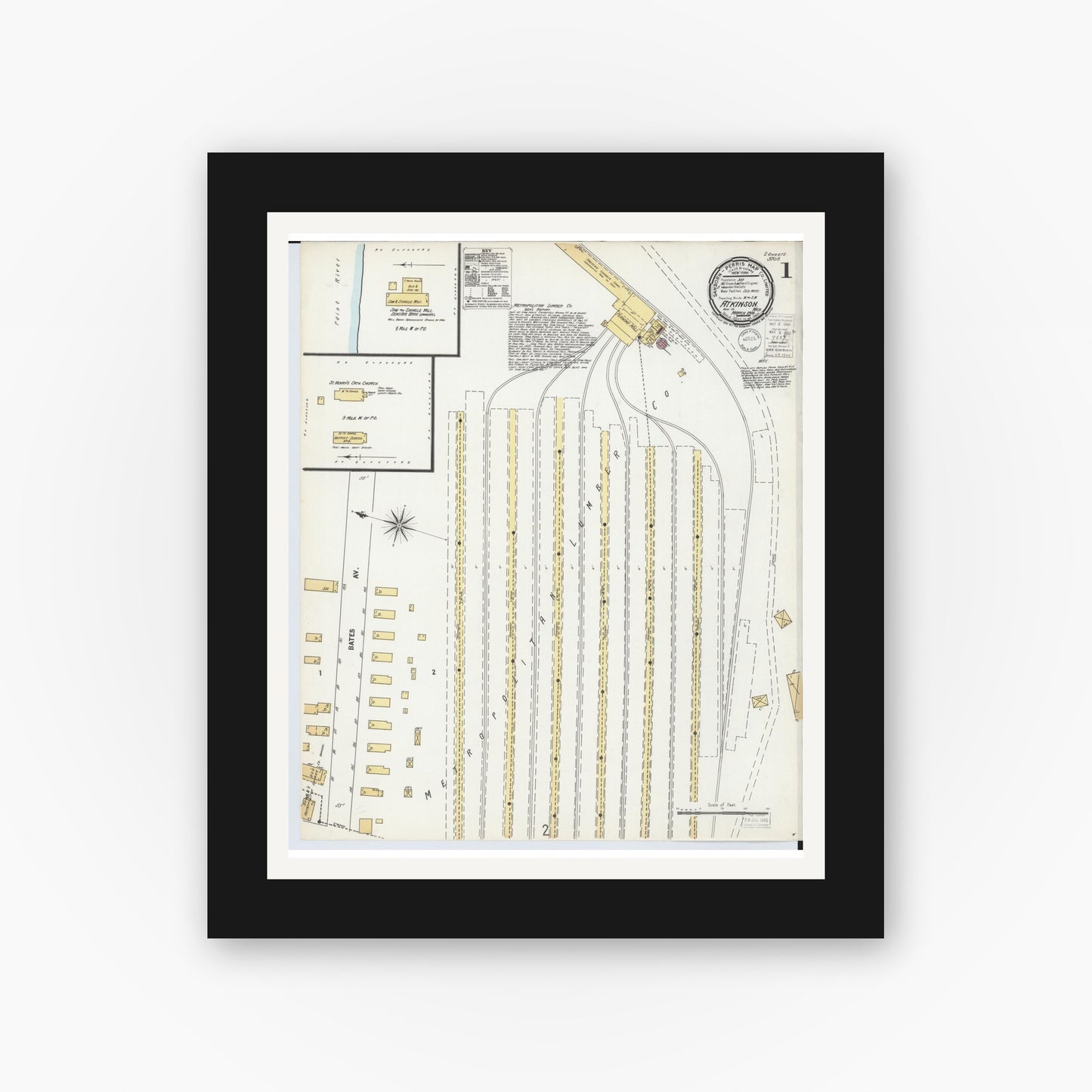 Old map wall art mockup — black gallery frame with white mat — Sanborn Fire Insurance Map from Atkinson, Iron County, Michigan (1900), Sheet #0001
