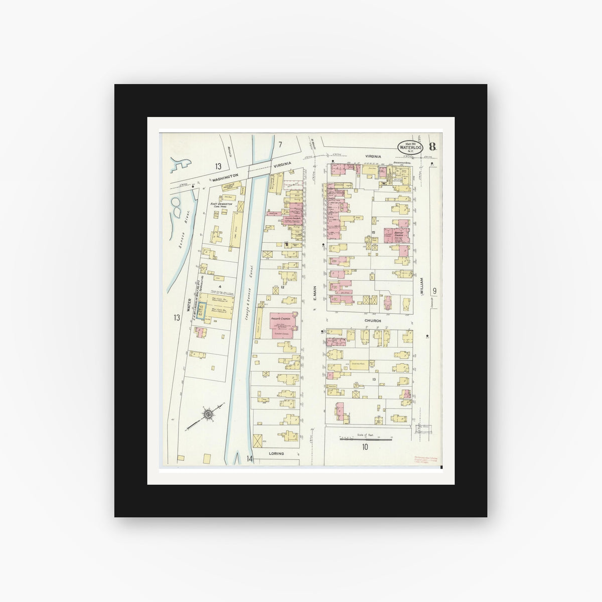 Old map wall art mockup — black gallery frame with white mat — Sanborn Fire Insurance Map from Waterloo, Seneca County, New York (1911), Sheet #0008