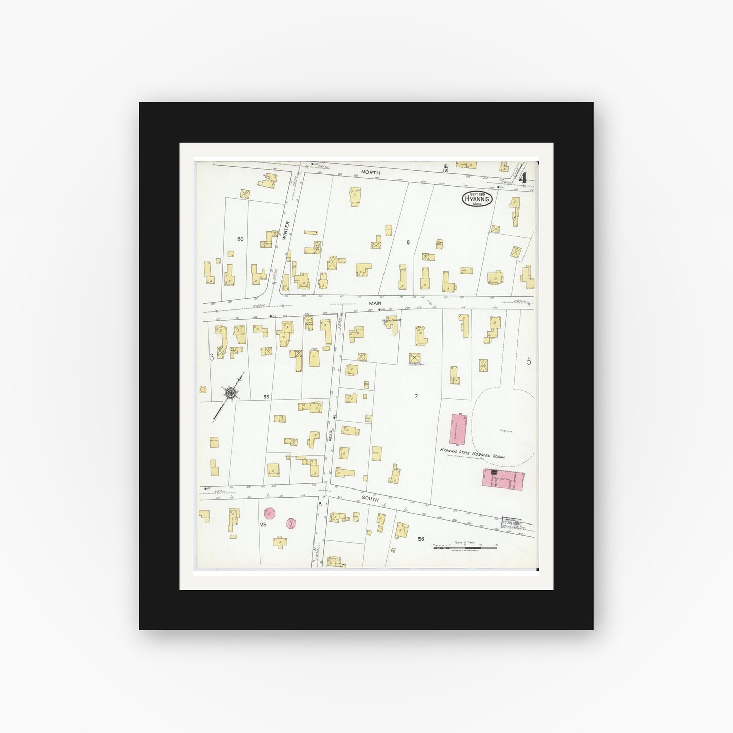 Old map wall art mockup — black gallery frame with white mat — Sanborn Fire Insurance Map from Hyannis, Barnstable County, Massachusetts (1919), Sheet #0004