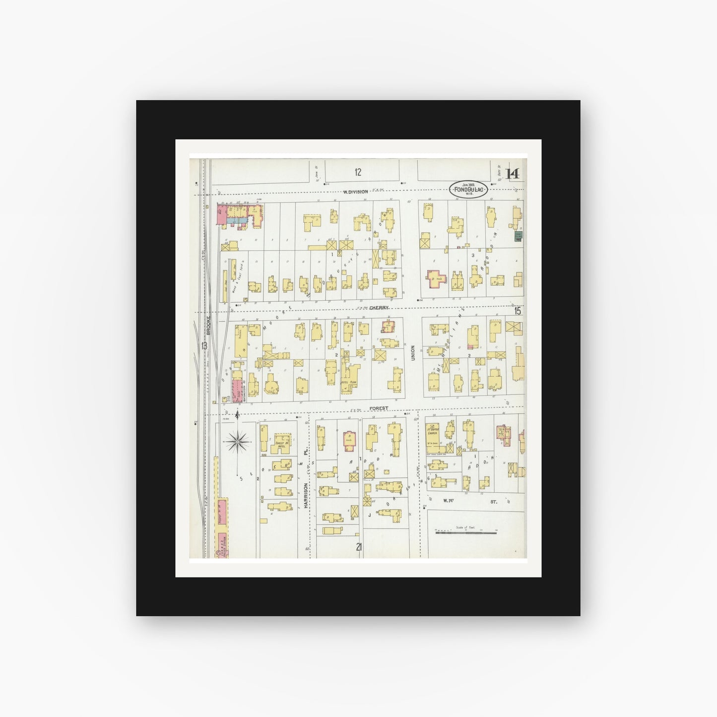 Old map wall art mockup — black gallery frame with white mat — Sanborn Fire Insurance Map from Fond du Lac, Fond du Lac County, Wisconsin (1902), Sheet #0014