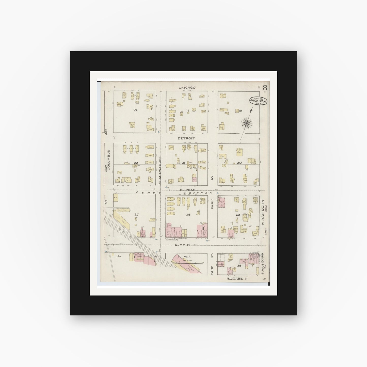 Old map wall art mockup — black gallery frame with white mat — Sanborn Fire Insurance Map from Jackson, Jackson County, Michigan (1886), Sheet #0008