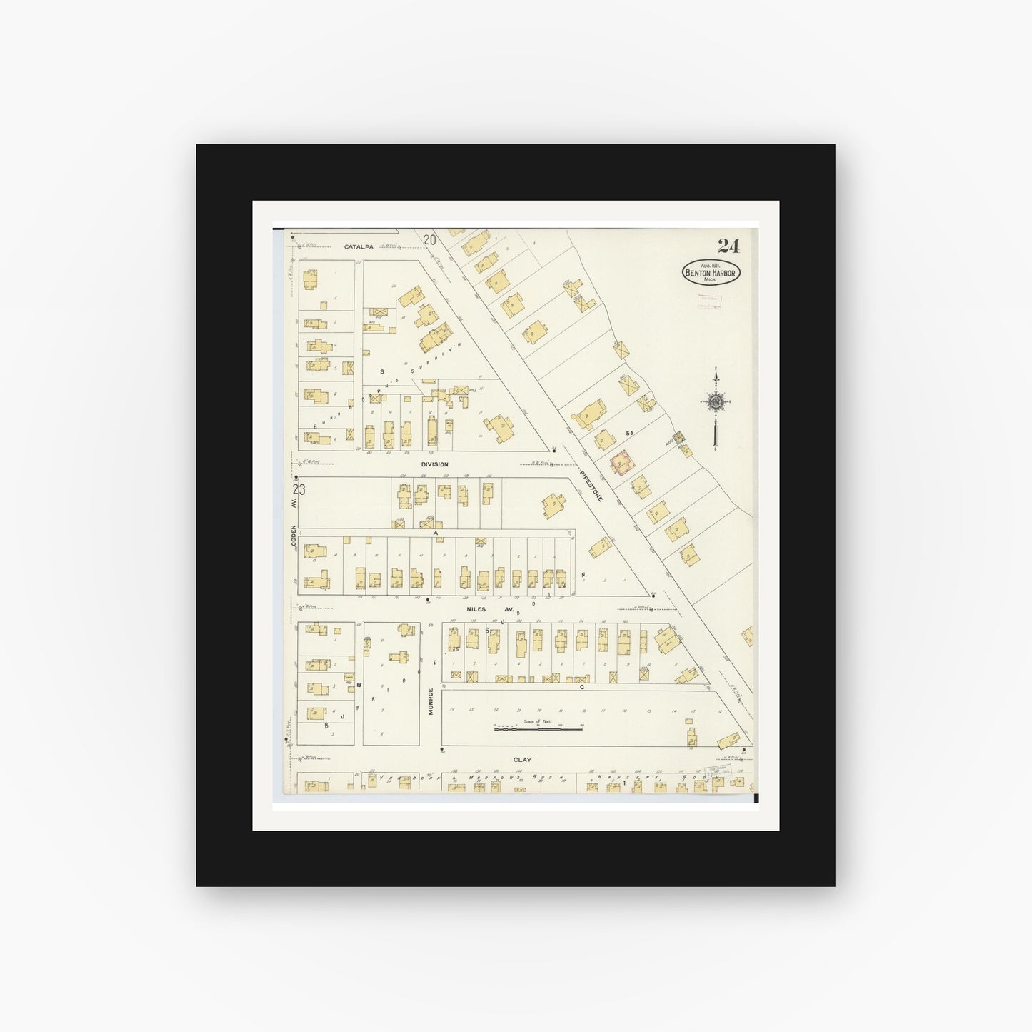 Old map wall art mockup — black gallery frame with white mat — Sanborn Fire Insurance Map from Benton Harbor, Berrien County, Michigan (1911), Sheet #0024