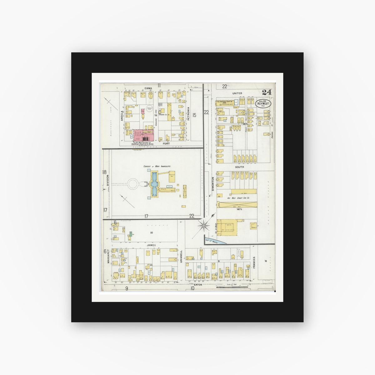 Old map wall art mockup — black gallery frame with white mat — Sanborn Fire Insurance Map from Key West, Monroe County, Florida (1899), Sheet #0024