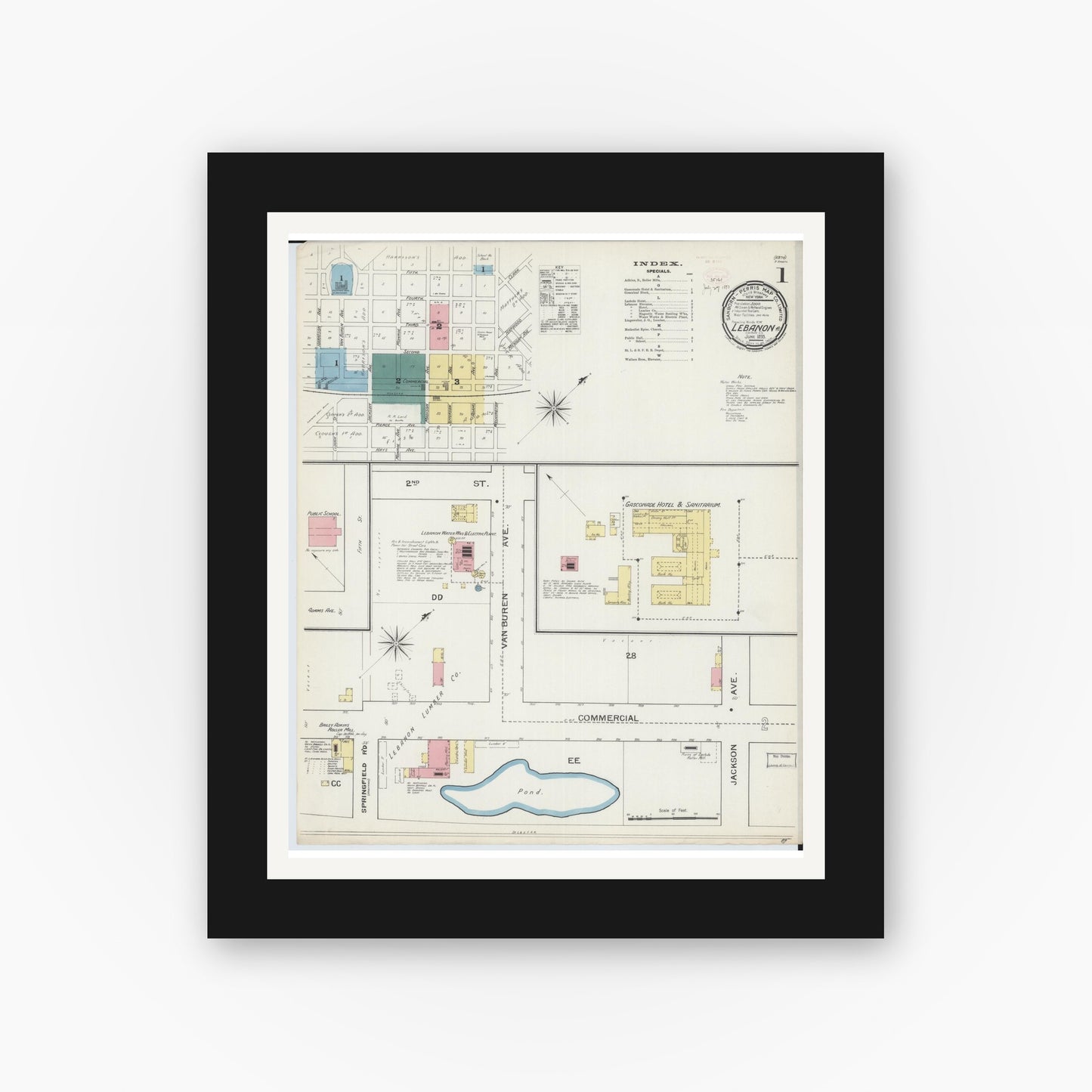 Old map wall art mockup — black gallery frame with white mat — Sanborn Fire Insurance Map from Lebanon, Laclede County, Missouri (1893), Sheet #0001