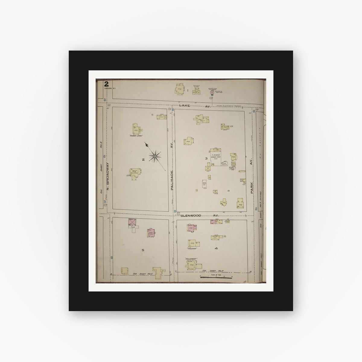 Old map wall art mockup — black gallery frame with white mat — Sanborn Fire Insurance Map from Yonkers, Westchester County, New York (1886), Sheet #0002