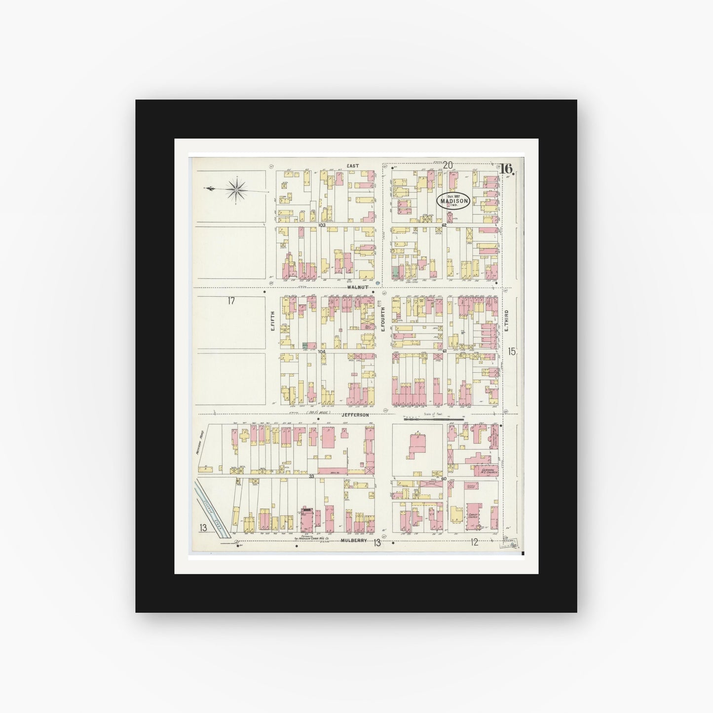 Old map wall art mockup — black gallery frame with white mat — Sanborn Fire Insurance Map from Madison, Jefferson County, Indiana (1897), Sheet #0016