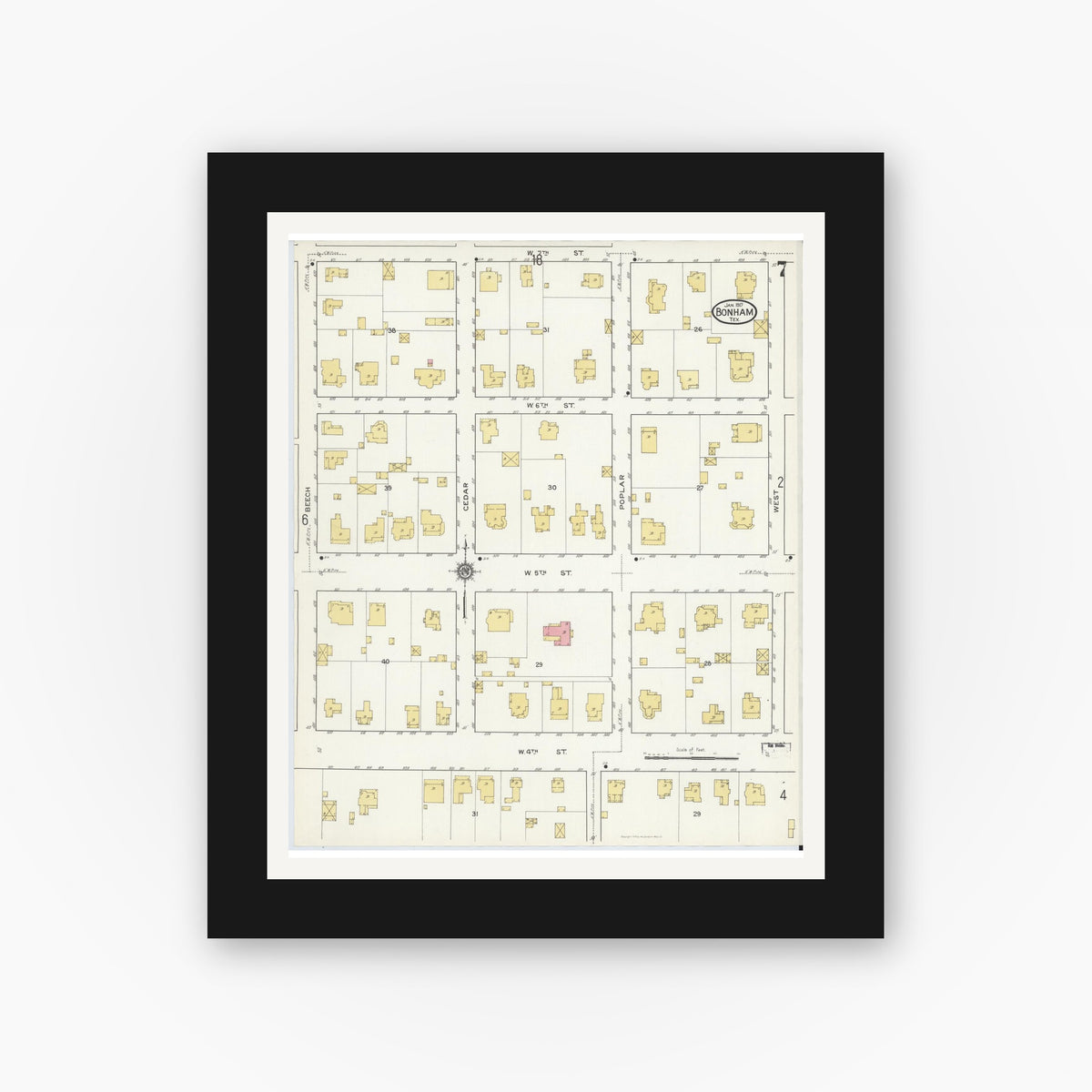 Old map wall art mockup — black gallery frame with white mat — Sanborn Fire Insurance Map from Bonham, Fannin County, Texas (1917), Sheet #0007
