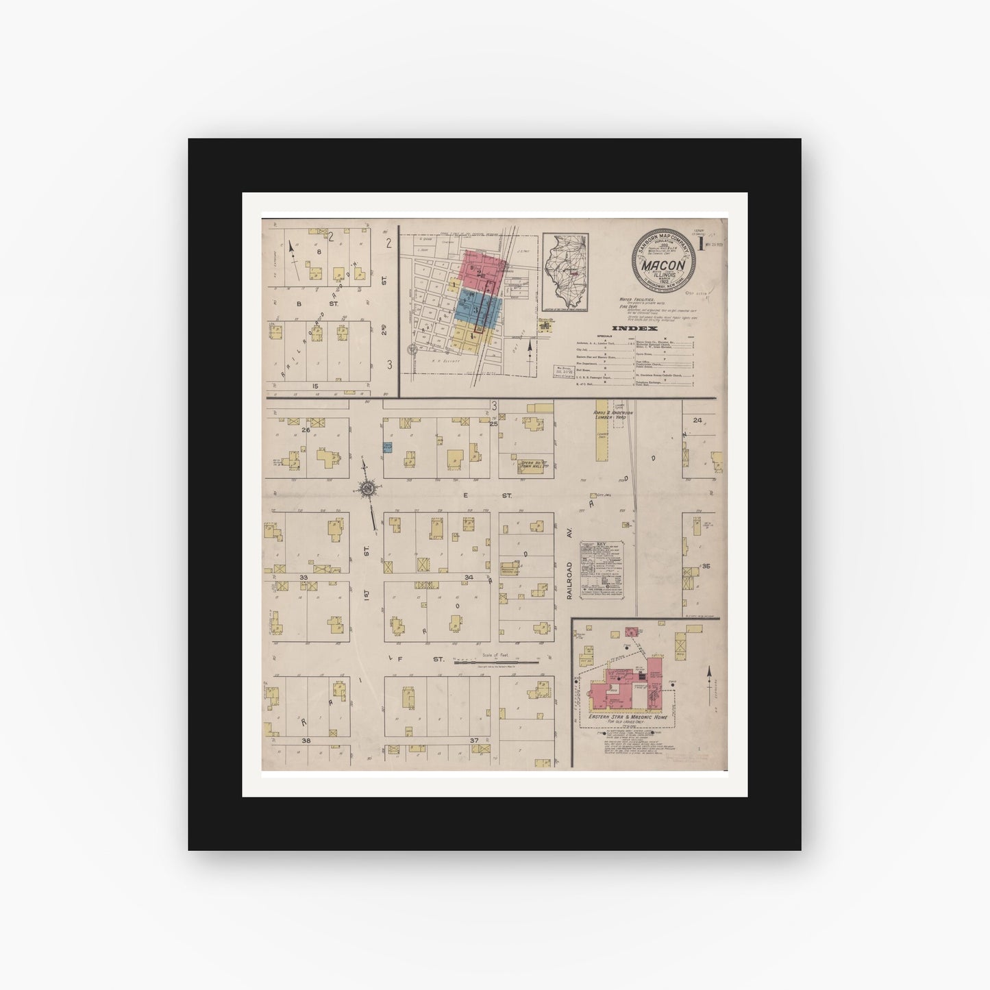 Old map wall art mockup — black gallery frame with white mat — Sanborn Fire Insurance Map from Macon, Macon County, Illinois (1922) - Complete Map Set