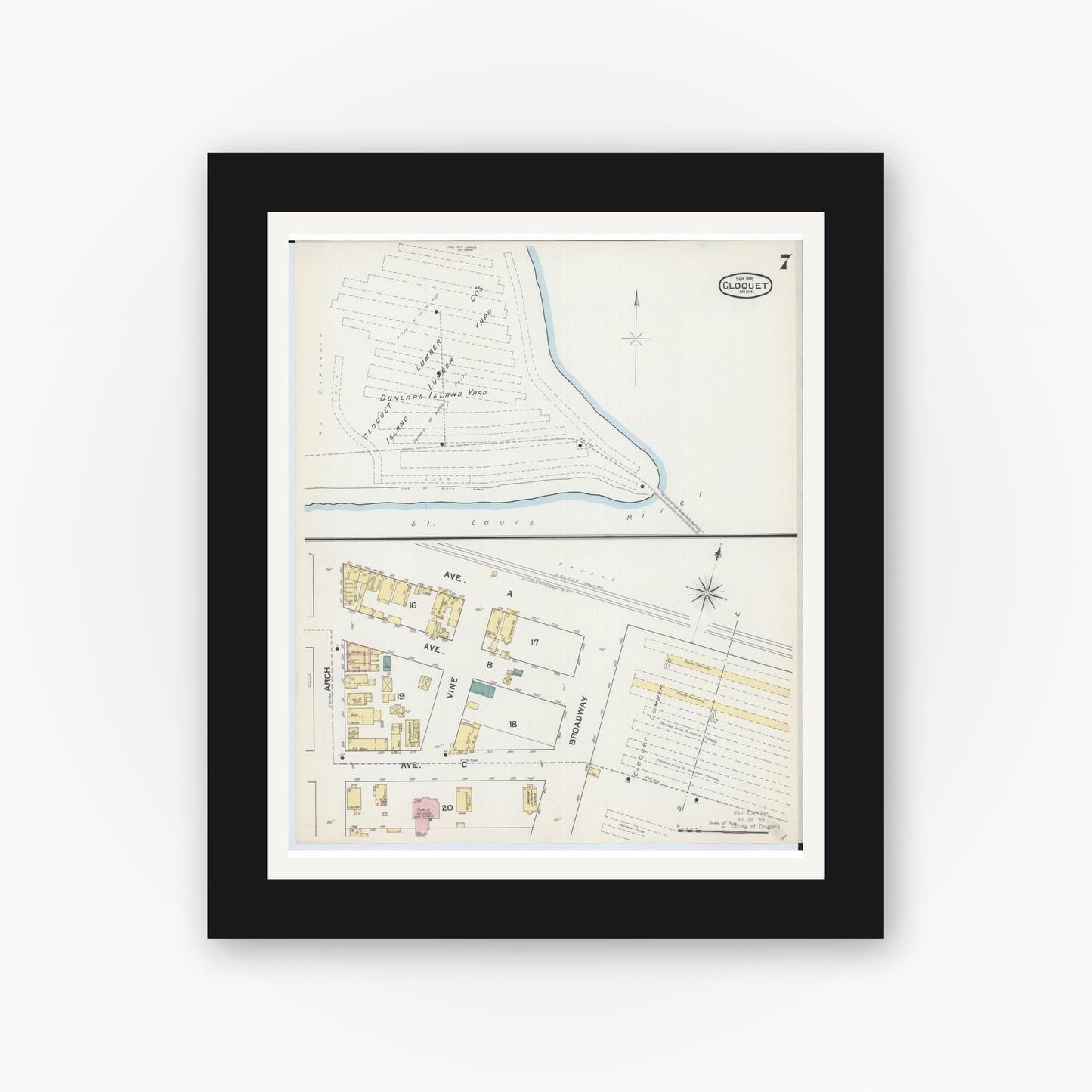 Old map wall art mockup — black gallery frame with white mat — Sanborn Fire Insurance Map from Cloquet, Carlton County, Minnesota (1892), Sheet #0007