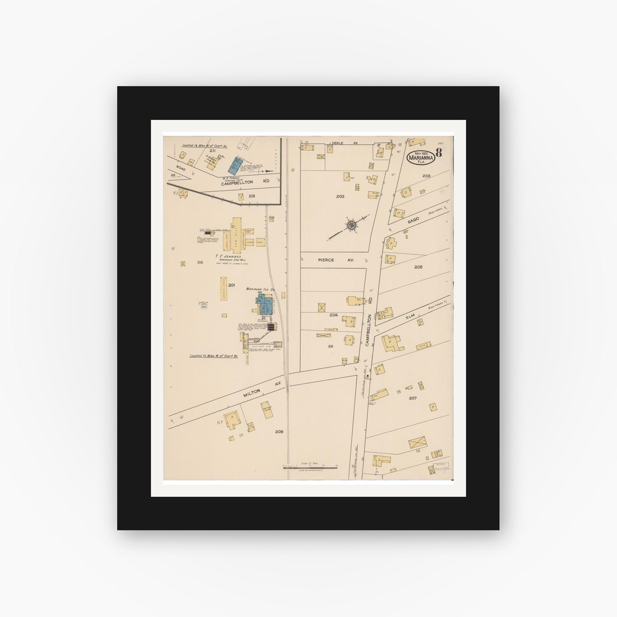 Old map wall art mockup — black gallery frame with white mat — Sanborn Fire Insurance Map from Marianna, Jackson County, Florida (1922), Sheet #0008