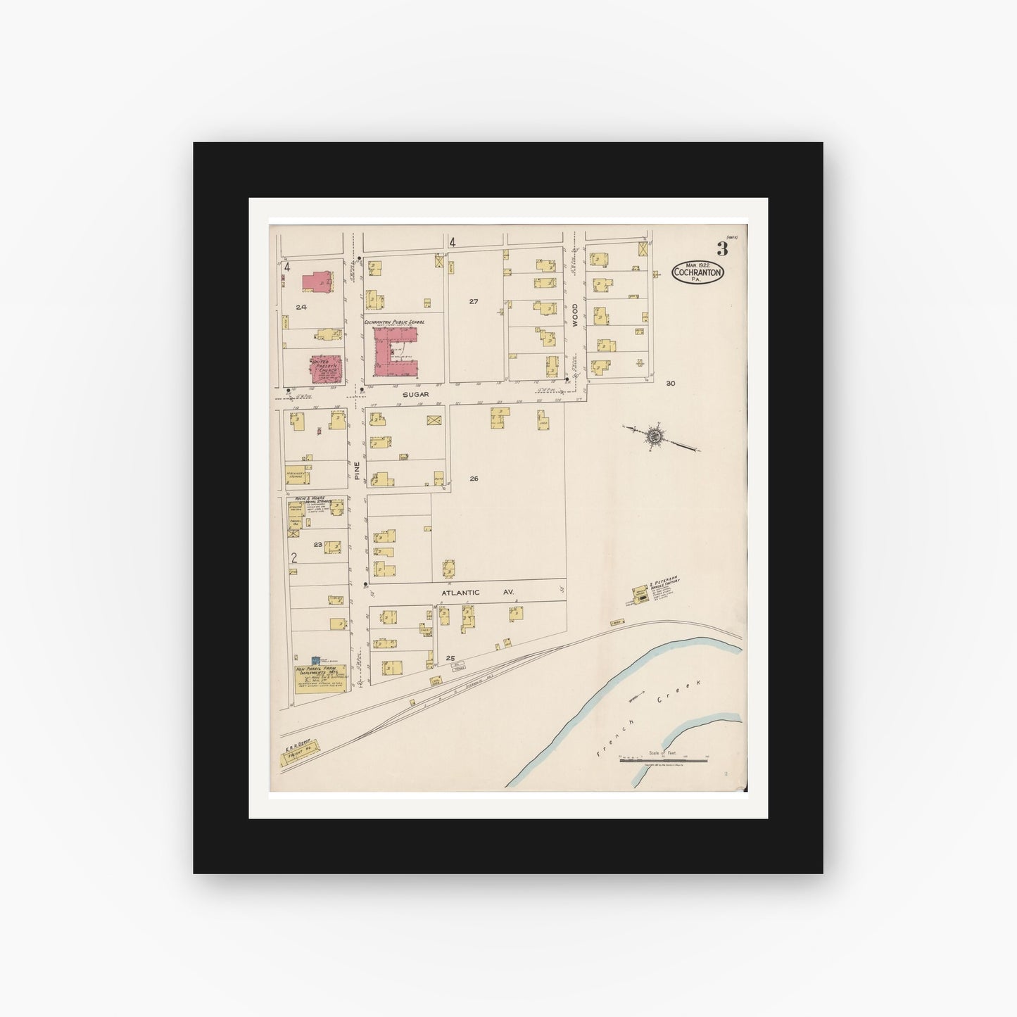 Old map wall art mockup — black gallery frame with white mat — Sanborn Fire Insurance Map from Cochranton, Crawford County, Pennsylvania (1922), Sheet #0003