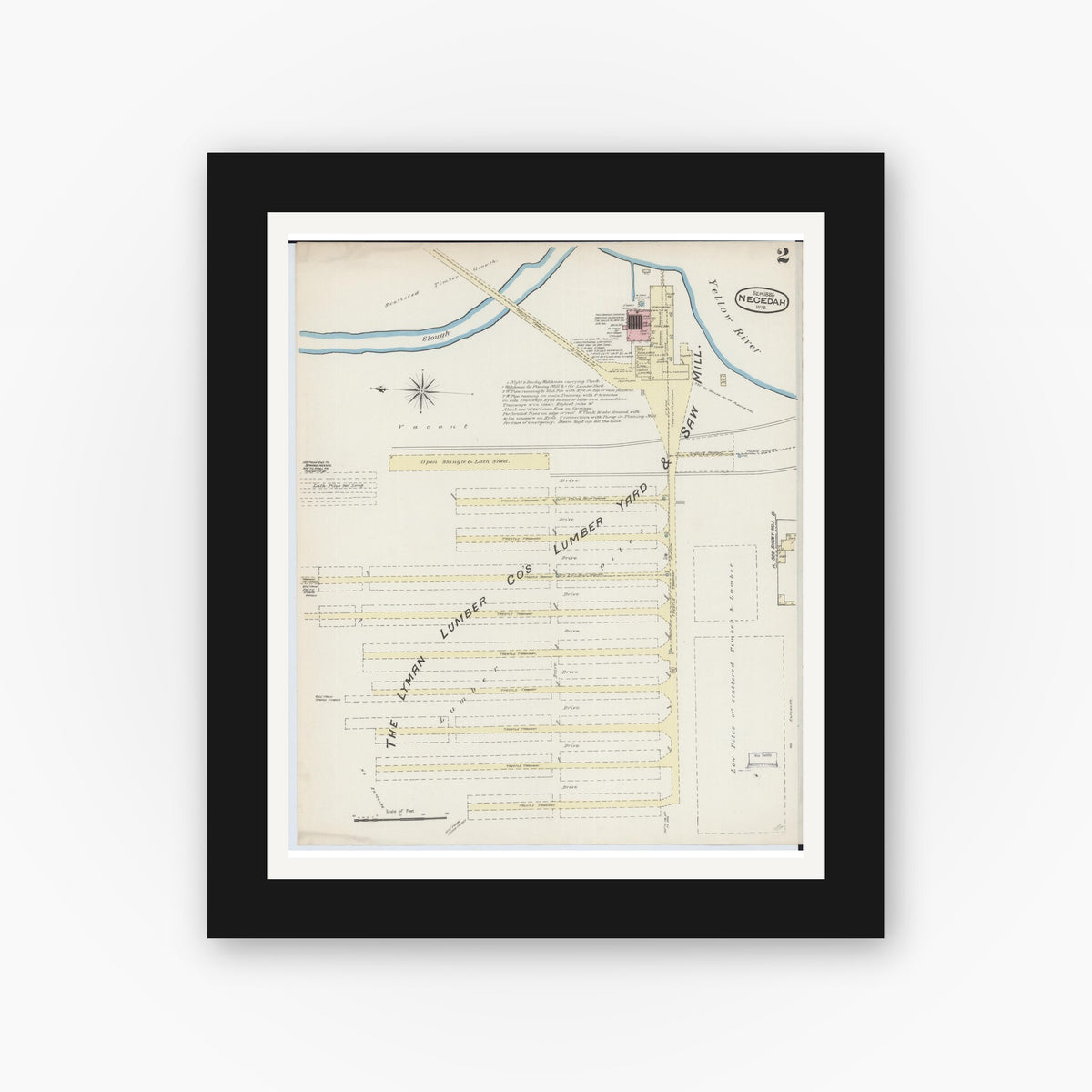 Old map wall art mockup — black gallery frame with white mat — Sanborn Fire Insurance Map from Necedah, Juneau County, Wisconsin (1885), Sheet #0002