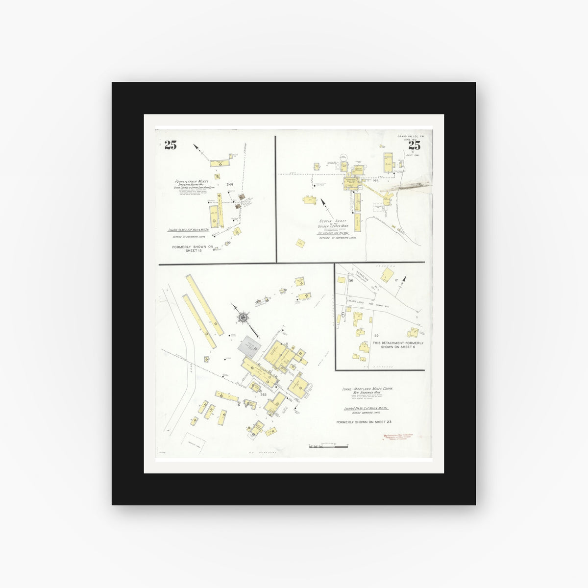 Old map wall art mockup — black gallery frame with white mat — Sanborn Fire Insurance Map from Grass Valley, Nevada County, California (1941), Sheet #0025