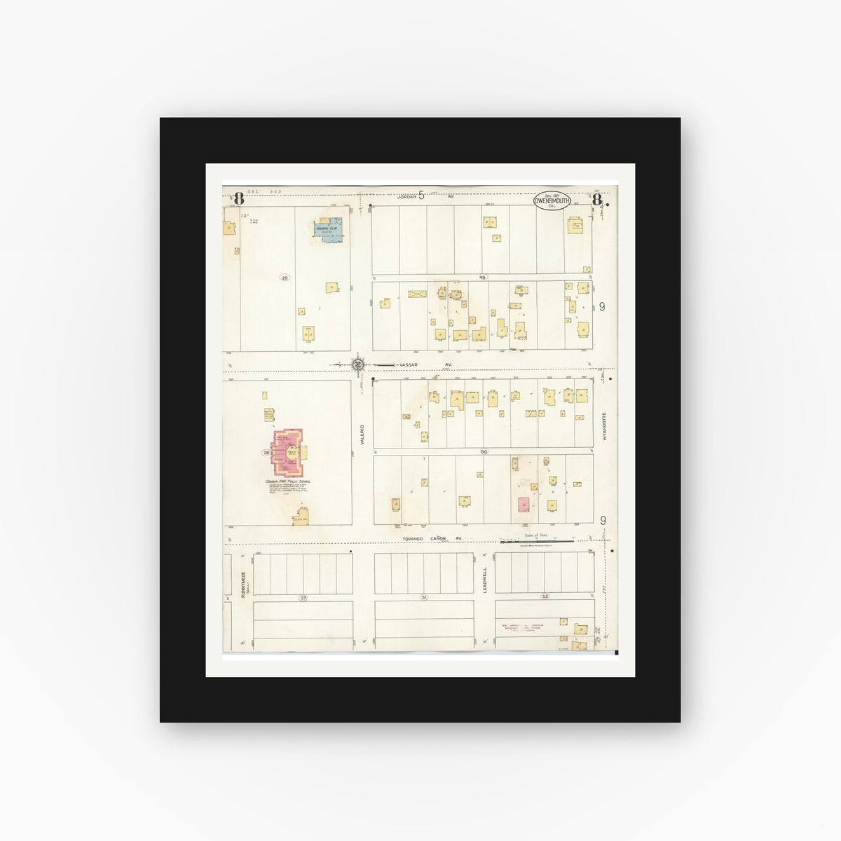 Old map wall art mockup — black gallery frame with white mat — Sanborn Fire Insurance Map from Canoga Park, Los Angeles County, California (1932), Sheet #0008