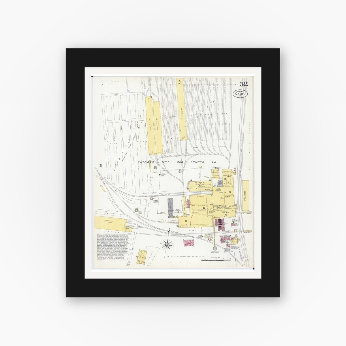 Old map wall art mockup — black gallery frame with white mat — Sanborn Fire Insurance Map from Cairo, Alexander County, Illinois (1907), Sheet #0032